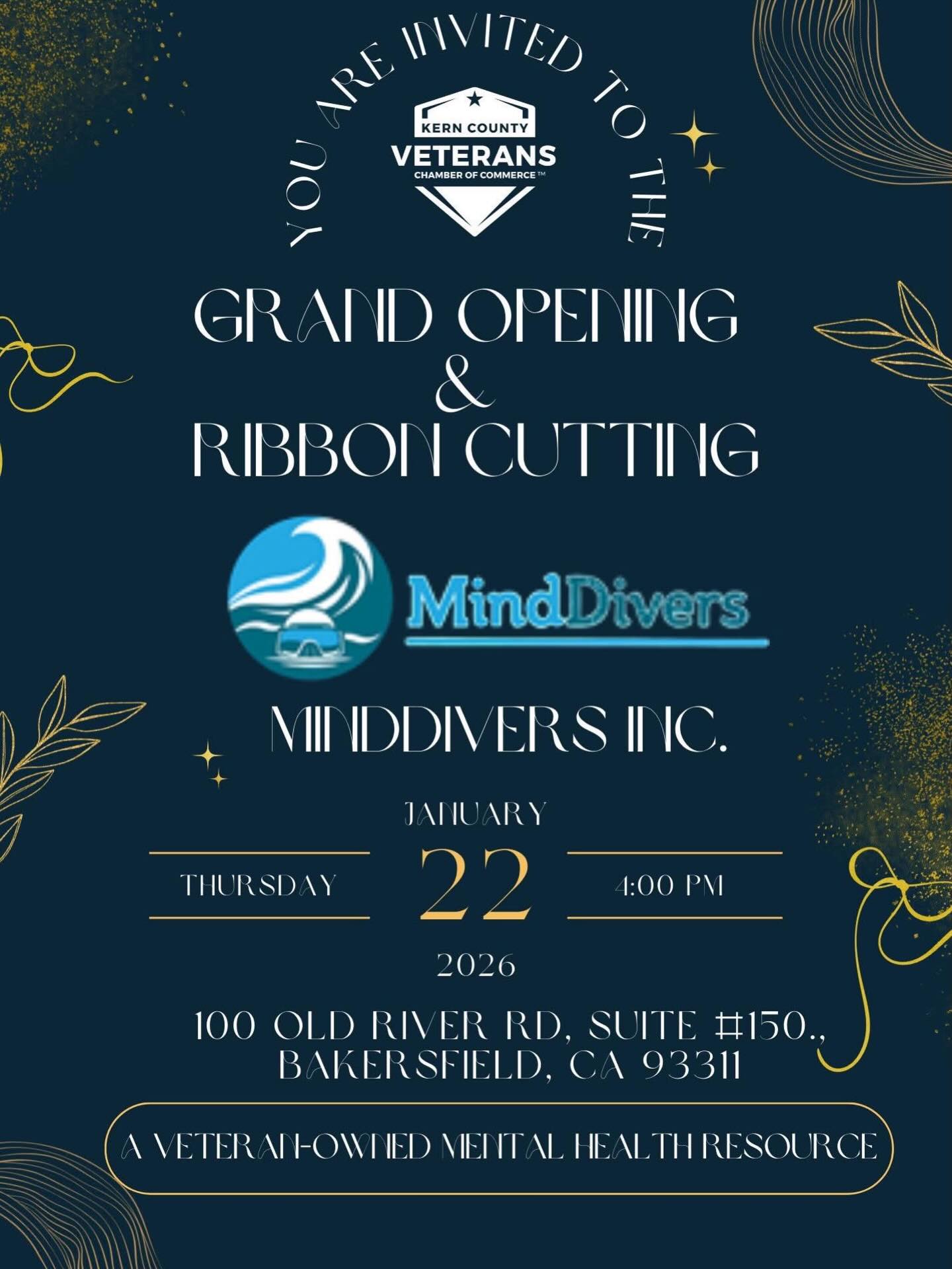 We aren’t just opening a door; we are opening a sanctuary for healing. 🌊💙
MindDivers Inc. has officially joined the KCVCC family, and you are invited to welcome them to Bakersfield!
Finding compassionate, competent mental health care—especially providers who understand the veteran experience—can be a challenge. MindDivers changes that. As a Veteran-Owned business, they offer deep, restorative therapy (including PTSD and TMS treatments) for individuals, couples, and families.
Plus: They offer services in Spanish, ensuring our entire community has access to the care they deserve.
Come meet the team, tour the new facility, and show your support for veteran entrepreneurship.
📅 When: Thursday, Jan 22nd @ 4:00 PM
📍 Where: 100 Old River Rd, Suite 150
🎟 RSVP is Required (Free): https://www.eventbrite.com/e/ribbon-cutting-minddivers-inc-a-veteran-owned-mental-health-resource-tickets-1980446768597?aff=oddtdtcreator
#KernCountyVeterans #Bakersfield #MentalWellness #SupportLocal #VeteranBusiness