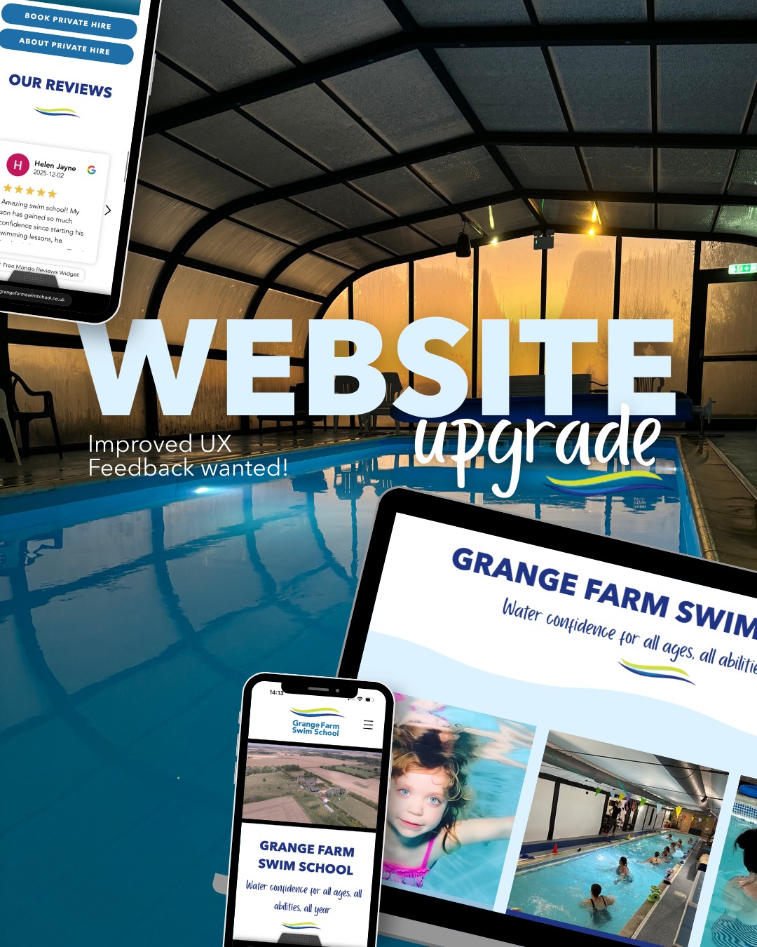 We’re making a splash!
We’re currently working on an upgraded version of our website, including a more streamlined booking system to make signing up for lessons, aqua fit sessions and private hire even easier.
Your feedback really helps shape it, so if you’ve used our previous site or the current version, we’d love to hear what you think and what you’d like to see improved.
Changes are ongoing, and your comments help us make it better for everyone!
For feedback please email grangefarmswimschool@gmail.com
Thank you!