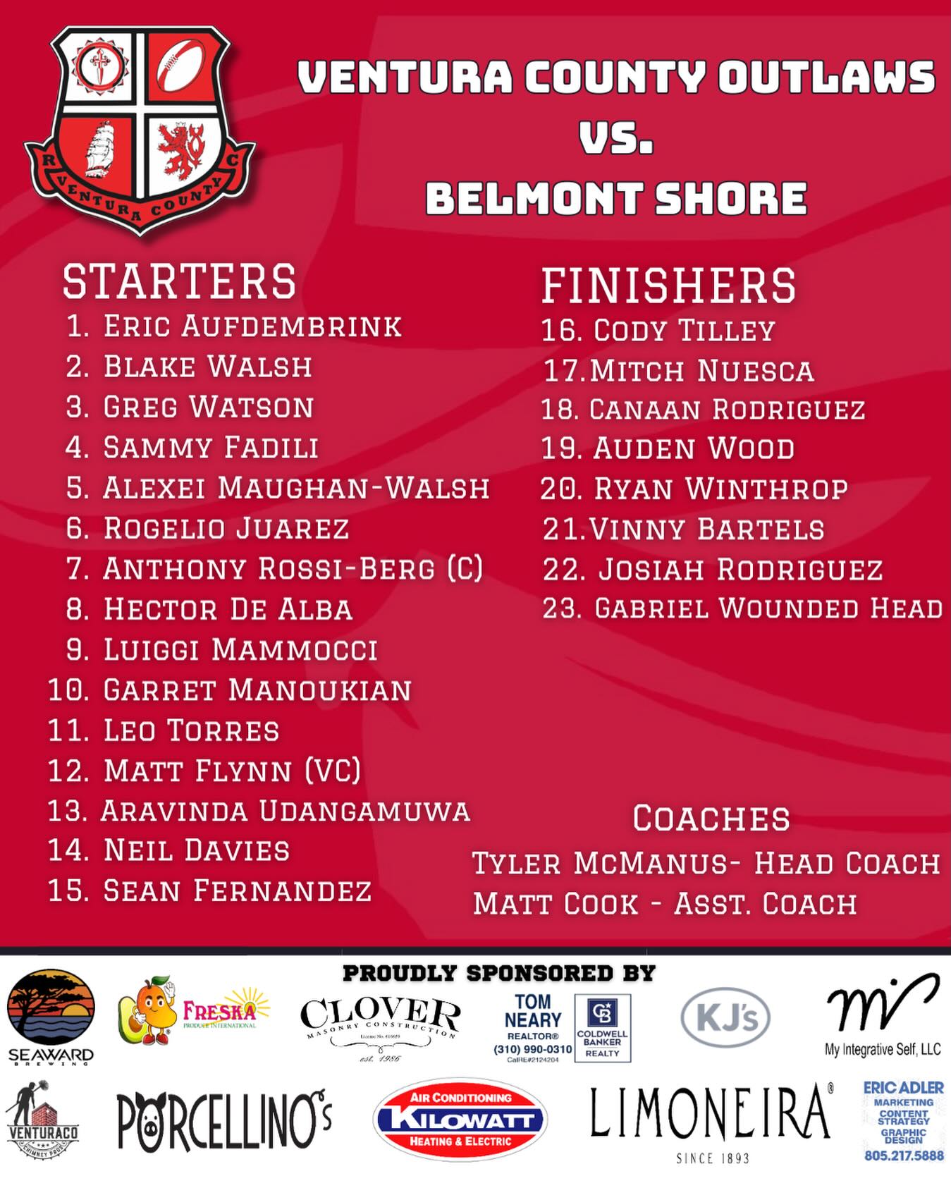Matchday Lineup | Outlaws vs. Belmont Shore
The match day squad is set for our home clash against Belmont Shore.
WE ARE!