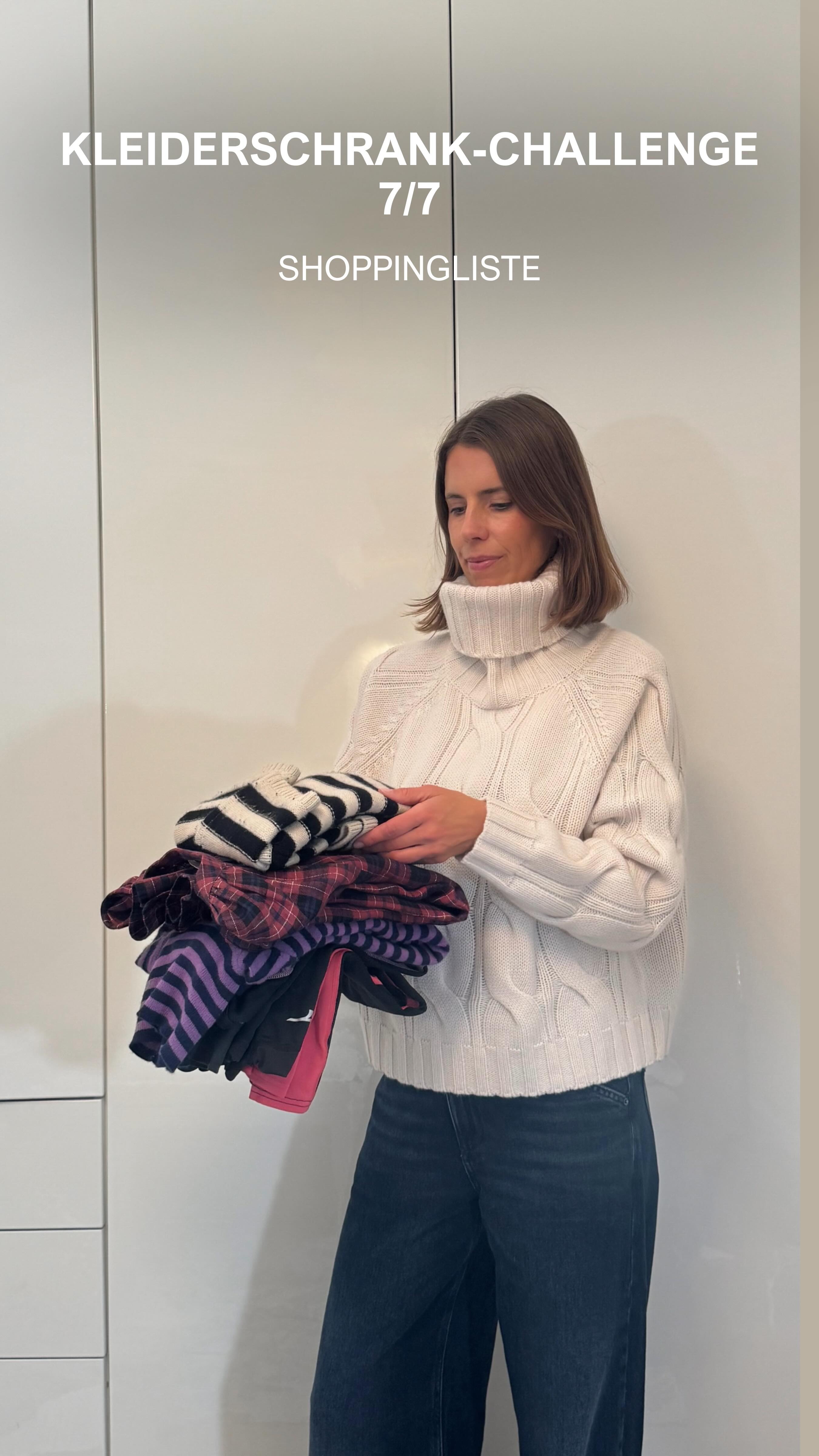 7. Kleiderschrank-Challenge 7/7
Die Shoppingliste mit System
Zum Abschluss geht es darum, bewusst zu ergänzen – nicht impulsiv zu kaufen.
Aufgabe:
Schreibt eine kleine, klare Shoppingliste mit maximal fünf Teilen, die eure Garderobe sinnvoll ergänzen.
Keine Spontanwünsche, keine Trends.
Nur das, was eure bestehenden Looks wirklich stärkt.
So findet ihr diese Teile:
Schaut auf eure Mini-Capsule, eure fünf Lieblingslooks und eure häufig getragenen Farben.
Fragt euch dabei:
• Was fehlt, damit noch mehr Looks funktionieren?
• Was sollte ersetzt werden, weil es abgetragen ist?
• Welches Teil wäre ein echtes Upgrade?
Mein Tipp für euch:
Das Ziel ist nicht, mehr zu kaufen, sondern besser zu kaufen.
Qualität vor Quantität.
Ziel dieses Schrittes:
Eine Garderobe aufzubauen, die euch langfristig Freude macht
und Fehlkäufe Schritt für Schritt reduziert.
Zum Abschluss:
Hat euch die Kleiderschrank-Challenge gefallen?
Habt ihr mitgemacht – und fühlt ihr euch jetzt klarer und bereit für das kommende Frühjahr?
Schreibt mir gern, was sich für euch verändert hat.