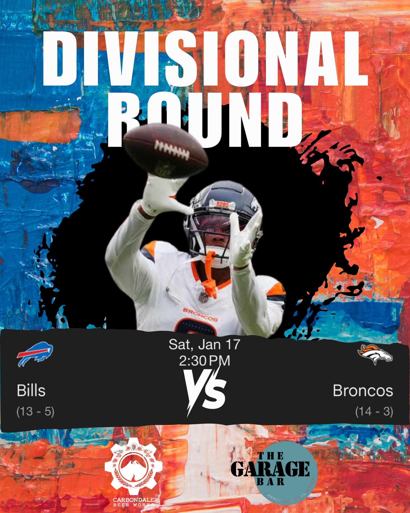 SKO BRONCOS!
Carbondale Beer Works and The Garage Bar will both be showing the divisional round between the Buffalo Bills and the Denver Broncos at 2:30!
At the Garage Bar:
Opening early at 1:30 with wing and pretzel specials!
#carbondaleco #carbondalecolorado #carbondalebeerworks #garagebarcbw #beerbeerbeer