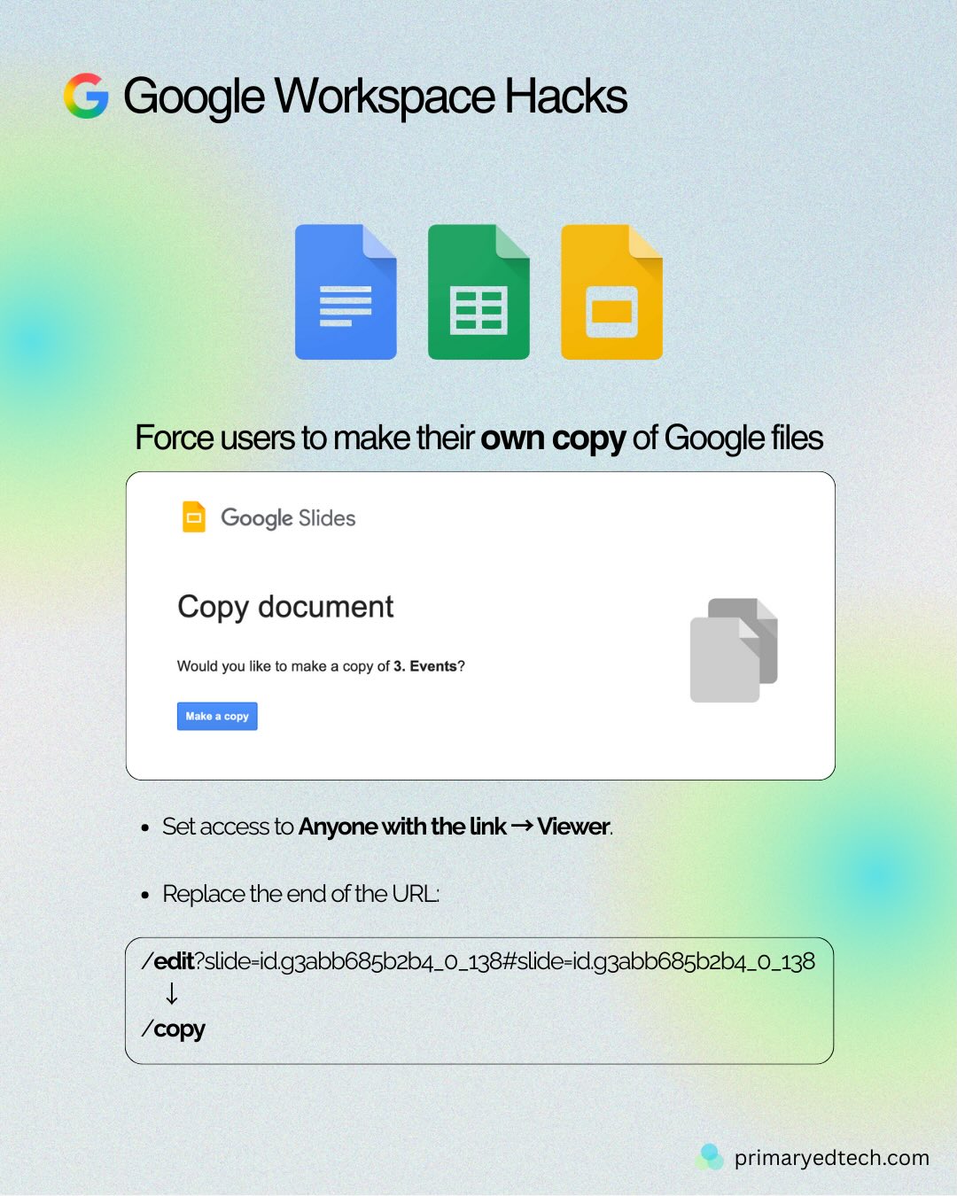 This is one of those Google Workspace things every teacher should know 👀👇
A few simple link tweaks = way more control over how your files are used.
You can:
• Force a copy so everyone gets their own version
• Auto-rename copies for students (no more “Untitled document 😅”)
• Share files as true view-only (no copying or downloading)
• Create templates that students can preview before copying
Perfect for lessons, assignments, PD resources, and sharing with colleagues.
#googleworkspace #googleedu #googledocs #googleslides #googlesheets