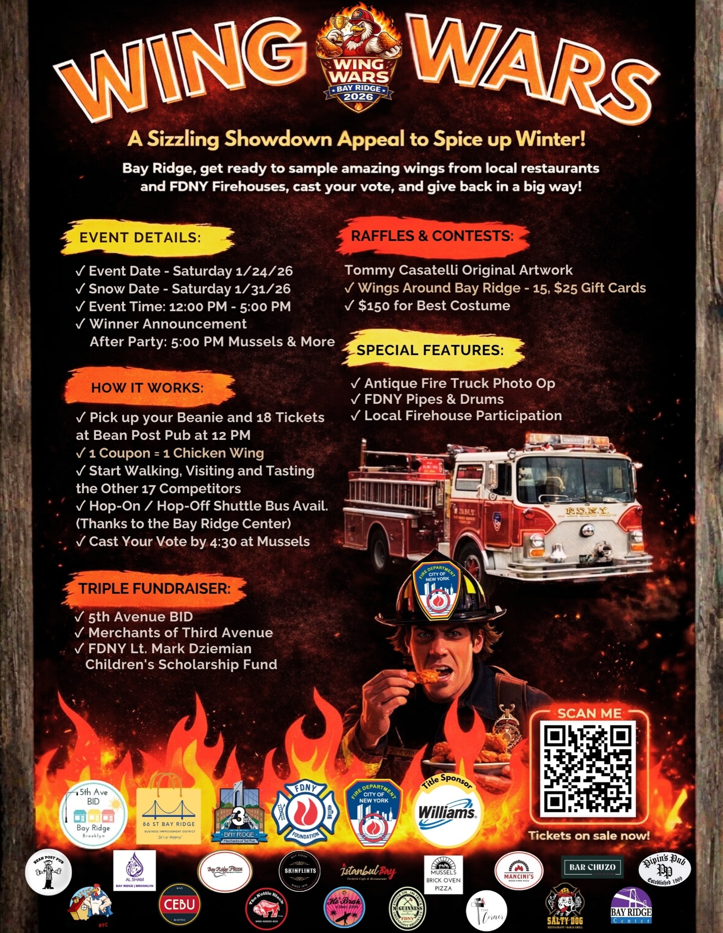 🔥🍗Wing Wars is right around the corner! 🍗🔥
Get ready for a sizzling showdown you won’t want to miss! Join us for Wing Wars (January 24), featuring mouthwatering wings, exciting raffles, fun contests, and special features throughout the event.
Bring your friends, support local restaurants, and support a great cause as we crown the ultimate Wing Wars Champion. Come hungry and ready for fun!
Visit our link in bio to get 🎟️ tickets!
@86streetbid
@merchantsof3rdave
@fdnyfoundation
@fdny
@bean_post_pub
@alsham_restaurant_nyc
@bayridgepizza
@bayridgecenter
@skinflints.restaurant
@istanbulbayridge
@musselsbrickovenpizza
@manciniwoodfiredpizza
@barchuzo
@cebubarbistro
@pipinsbayridge
@houseofwingsnyc
@hobrahtaco
@kettleblackbar
@thecornerbayridge
@saltydogny
@bayridgecenter
@williamsenergy