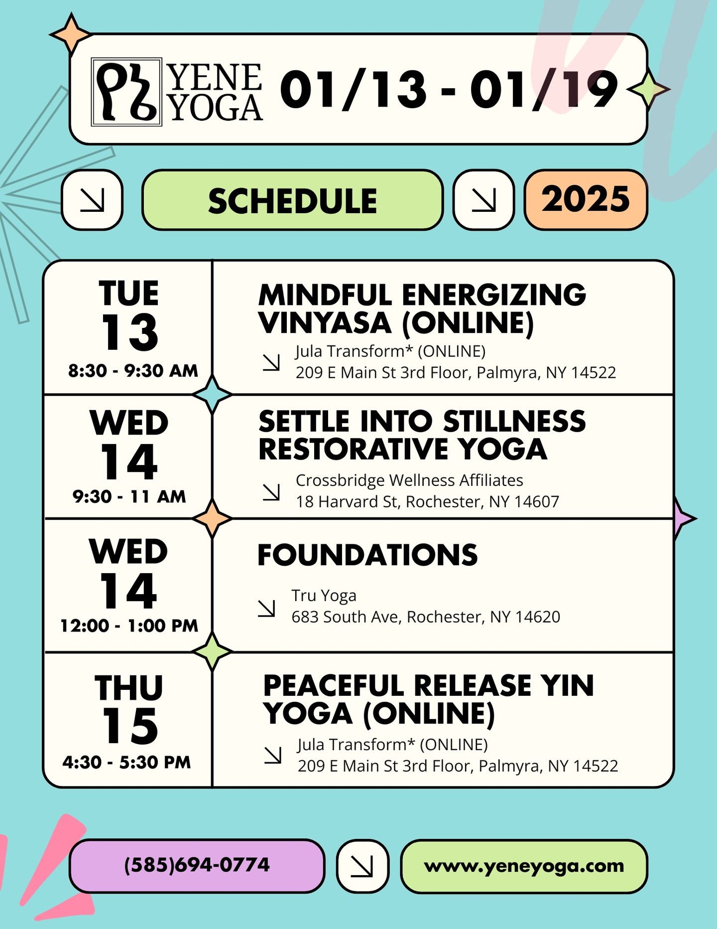 This week's newsletter is live! Read on for a breath retention exercise to cultivate spaciousness, this week's schedule, and information about upcoming offerings.
https://www.yeneyoga.com/so/09PkqBEVD?languageTag=en
📌EVENTS:
FRIDAY, 1/30 6:00 - 7:15 PM: Return with me to @bookeaterroc for Decompress & Reconnect Restorative Yoga! Grab a warm tea, settle into the bliss of fully supportive postures, and enjoy an evening of soothing rest. $10/$15/$20 Sliding Scale Pricing. Props provided. Space is limited; pre-registration is encouraged.
SATURDAY, 2/28 2:00 - 4:00 PM: Join me and @dancingdav for The Choreography of Flow: A Hatha Yoga Performance & Workshop w/ Live Music (RESCHEDULED). $20/$30/$40 sliding scale pricing includes attendance of the yoga flow duet and participation in the all-levels workshop. Space is limited; pre-registration is encouraged.
This Week's Schedule:
🌊Tuesday 1/13
🪷Mindful Energizing Vinyasa (ONLINE)
8:30 - 9:30 AM EST
Jula Transform
Held ONLINE
$10 flat-rate
Please book at least 30 min* before
🌊Wednesday 1/14
🪷Settle into Stillness Restorative Yoga
9:30 - 11:00 AM EST
Crossbridge Wellness Affiliates
18 Harvard St, Rochester, NY 14607
$10/$15/$20 Sliding Scale pricing
🪷Foundations*
12:00 - 1:00 PM EST
Tru Yoga
683 South Ave, Rochester, NY 14620
$10/$15/$20 Sliding Scale pricing
*All Tru classes must be booked directly through Tru at www.truyogaroc.com
🌊Thursday 1/15
🪷Peaceful Release Yin Yoga (ONLINE)
8:30 - 9:30 AM EST
Jula Transform
Held ONLINE
$10 flat-rate
Please book at least 30 min* before
🌊Friday 01/16
NO CLASS / NO PRIVATE SESSIONS
🌊Saturday 01/17
NO CLASS / NO PRIVATE SESSIONS
🎂Sunday 01/18 (My birthday!)
🪷Reset & Reconnect Evening Vinyasa
5:30 - 6:30 PM EST (SUBSTITUTE: @dancingdav )
Crossbridge Wellness Affiliates
18 Harvard St, Rochester, NY 14607
$10/$15/$20 Sliding Scale pricing
🌊Monday 01/05
NO PUBLIC CLASSES - Private Sessions Available
#rochesterny #rochesteryoga #restorative #vinyasa #beginners #thingstodo #events #dance #workshop #rest #relaxation