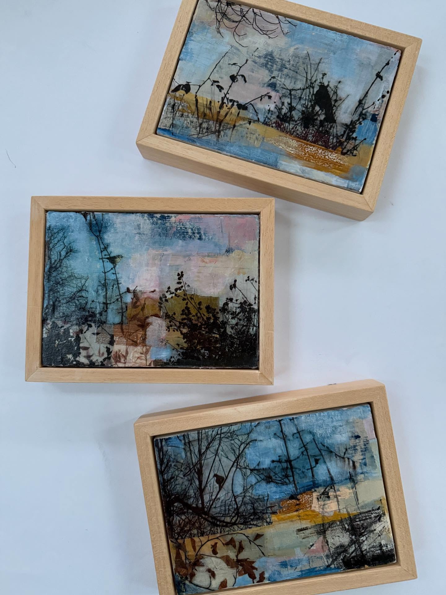 Does anyone else have a carrier bag or two …
full of winter stems and dried up flower heads?
Twisted twigs.
Brittle grasses.
Hollow brown stems going off at odd angles with funny little spiral bits curling around.
Not blooming.
Not pretty.
Left behind.
Overlooked.
I have a few bags full of these things!
Leaning, snapping, twisting—
each one a tiny dance,something that has inspired me to make a mark or a print of some kind.
I have just finished these 3 three little pieces and possibly they will go off for a Spring Show with @northantsrutlandos at Lamport Hall. I’m still deciding what to submit. It will be one of the first shows for 2026.
So this is how it comes about for me.
I’m looking out of the window when a bird lands, tilts its head,and pauses.
I stop, I look, and grab my phone and if I’m very quick and lucky that quiet moment of a little bird
on some winter branches becomes the star of the show, and the catalyst for a new painting.
Sometimes that’s all it takes to get me going.
Does this resonate with you?
Mini in scale, but rich in hidden delight!