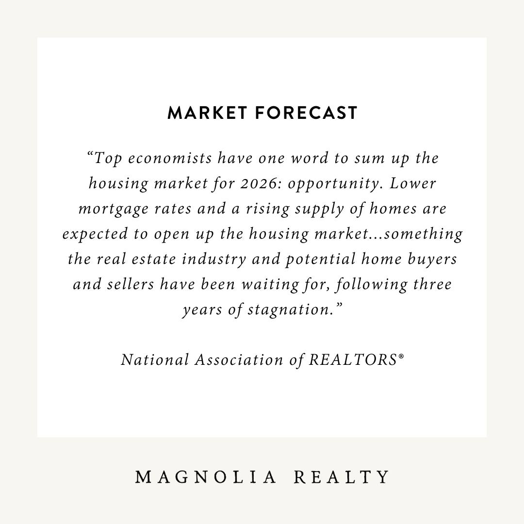 If a move is on your radar for 2026, the housing market may finally be
offering a little more breathing room.
Experts are pointing to a more balanced market ahead. Mortgage rates
are expected to ease gradually, inventory is improving, and price
growth is projected to remain steadier, creating more opportunities for
both buyers and sellers.
Understanding how these shifts impact the local market is key.
Whether youāre thinking about buying or selling, Iām here to help you
navigate what 2026 could look like for you!
817.253.3941 | StephanieBrowneRealtor.com
