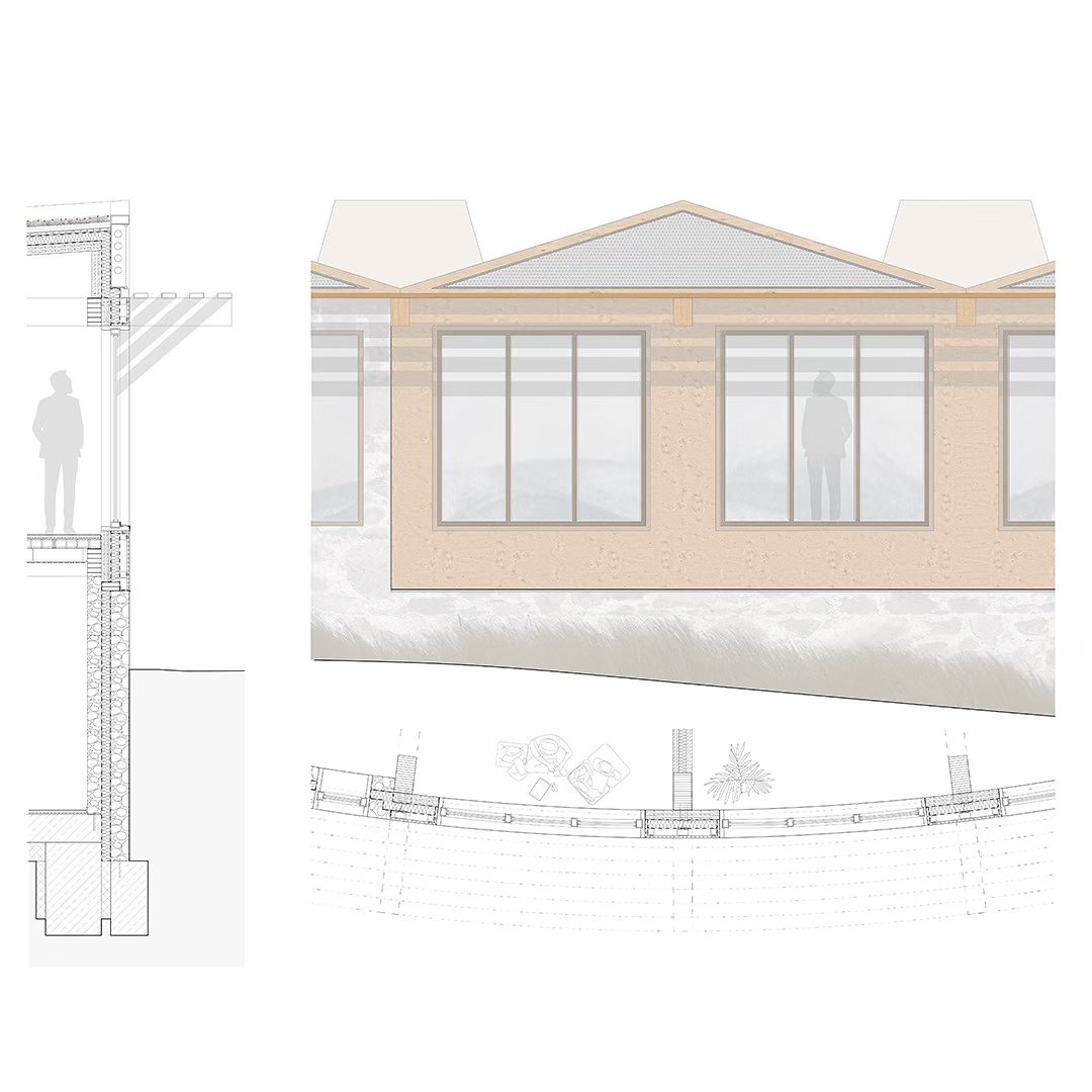 Project 3
Eco Hotel Catalonia
Named after the Tavertet living Catalonian philosopher, Raimon Panikkar (1918-2010). The Raimon Panikkar Hotel design follows this philosophers ideas around the interconnection between nature and humanity, rather than commercially exploiting the site with a human-centric, solely view-oriented volume. The hotel places nature at its center and raises environmental awareness among visitors.
Built with local granite and wood/clt in a strict 3m grid alone, the construction is completely prefabricated in elements; lowering construction effort and environmental impact.
The granite walls carve out of the mountain and are topped with a light wooden construction that reflects the surrounding nature where the trees grow out of the cliffs. A site visit showed a natural spectacle, defining the genius loci.
Due to the climatic conditions of the Pre-Pyrenees in combination with the Panta de Sau, intense morning fog develops.
A low-tech design with fog collectors and solar chimneys can harvest the fog and create natural ventilation. The naturally collected water and the solar panels on the roof allow the hotel to function primarily self-sufficient.
Beneficial impact on the local community, the hotel creates jobs for regional employees. Guests can stay for a few hours or several weeks and enjoy the local cuisine, relax in the spa, visit workshops for sustainable tourism and species protection, and above all reconnect with nature.
#architecture #architect #section #architectural #floorplans #hoteldesign #masterthesis #circle #bestnewarchitects #modelarchitecture #potd #new #realestate #design #designhotel #larsenliverpool #architecturecompetition #woodarchitecture #ecofriendly #newpost #architecturelovers #studentwork #detailing #archigram #hotel #newartist #arquitectura #arch #discover #architecture_hunter
