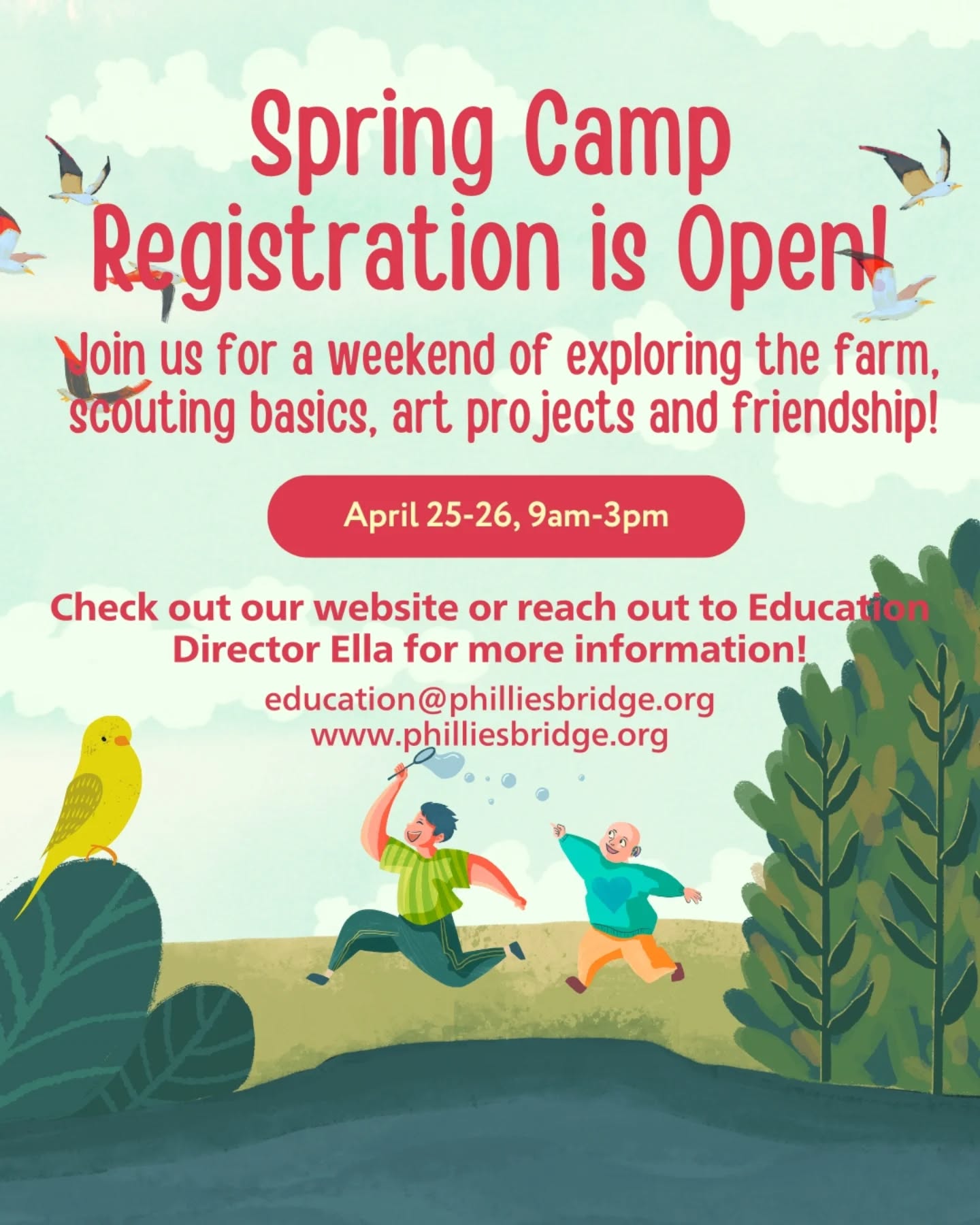 Join us for a weekend of friendship, scouting, seed prep, art and more! We're excited to offer this weekend opportunity for children in grades 3-5 on April 25-26. For more information check out our website or feel free to reach out to Education Director Ella directly!
