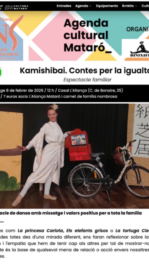 ✨💃📖 I tampoc us ho podeu perdre a Mataró!
Arriba aquest fantàstic conte ballat a càrrec de la companyia NS Dansa 🌈🎭, un espectacle familiar ple de sensibilitat, imaginació i emoció que captiva a petits i grans 👧🧒👵👴
🗓 Diumenge 8 de febrer de 2026
🕛 12 h
📍 Casal L’Aliança (C. Bonaire, 25 – Mataró)
🎟 Preu: 9 €
🎫 Socis/es L’Aliança/carnet fam. nombrosa: 7 €
👉 Compra d’entrades aquí:
🔗 https://entradas.codetickets.com/entradas/-kamishibai-contes-per-la-igualtat-/78254/binixiflat/online
💫 Un matí perfecte per gaudir de la dansa, la cultura i la fantasia en família!
#NSDansa #TeatreFamiliar #Dansa #Mataró #CasalLAliança PlansEnFamília ConteBallat Cultura ArtsEscèniques