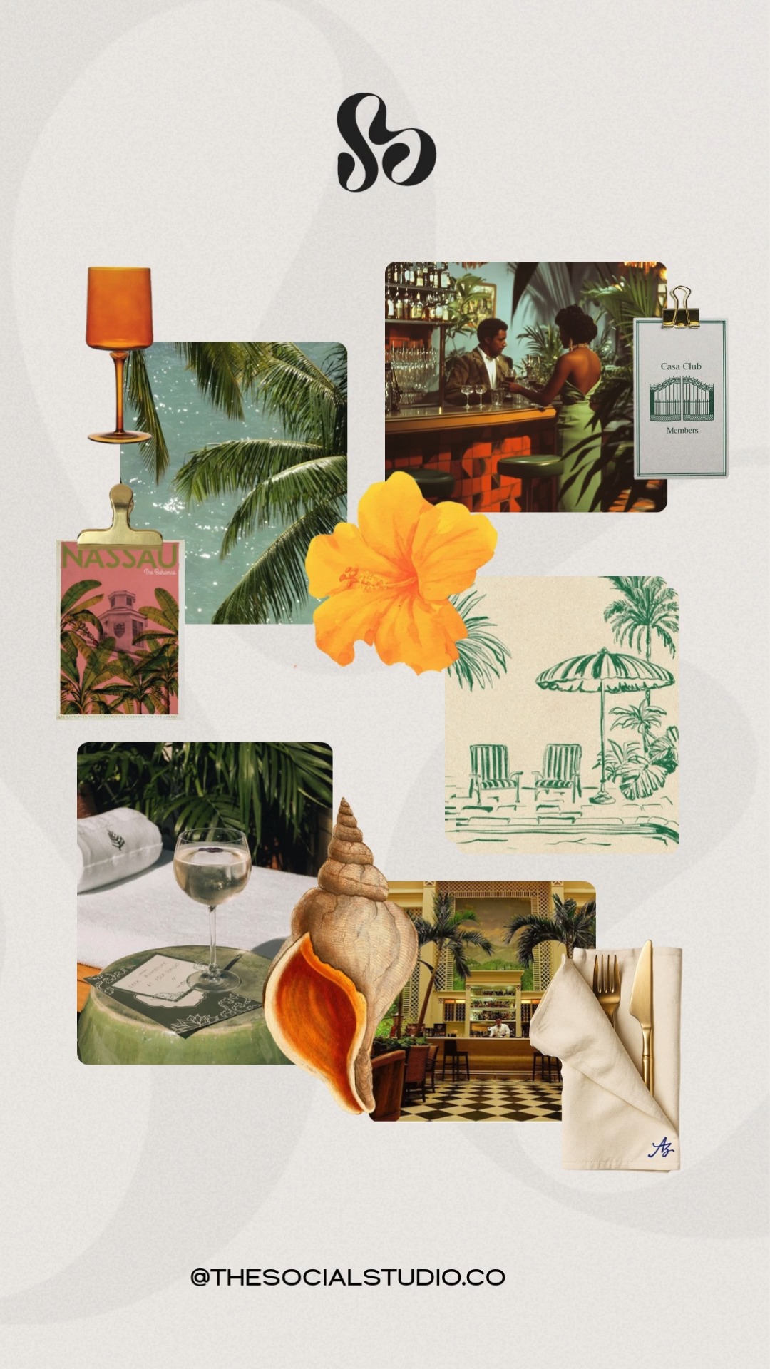 if we were branding a boutique hotel, this is where we’d start.
not with a logo but with atmosphere.
a 1970s Caribbean modernist lens:
sun-washed neutrals, rich greens, worn stone, linen, and warmth that feels collected over time, not styled all at once.
from this foundation, the details take shape.
a scent with tropical and gourmand notes.
menus printed on textured stock, minimal type, and embossed details.
signage that blends into the architecture.
uniforms that move easily and belong.
this is strategy before design.
and how brands move from visual to experiential.