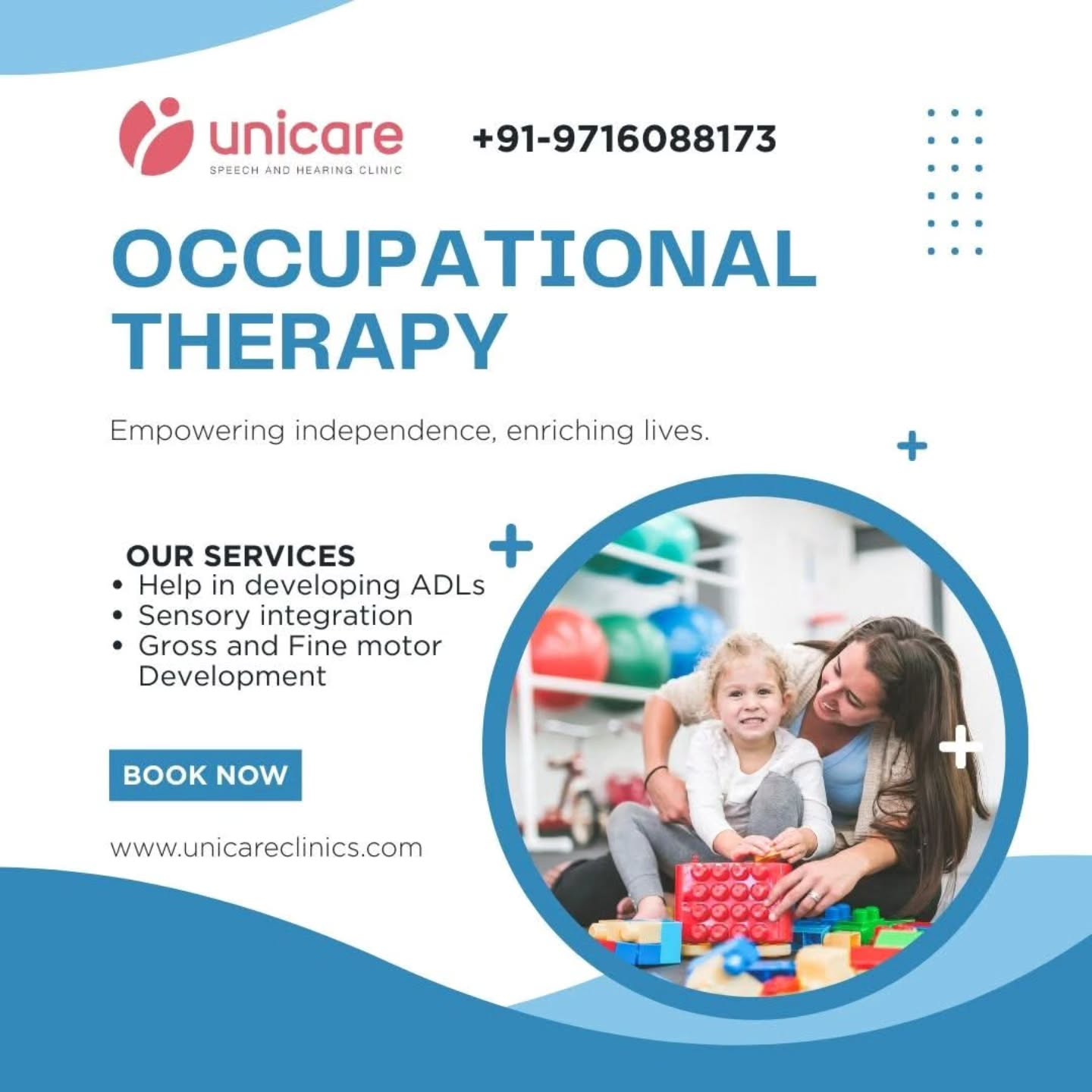 https://wix.to/MG9J4Mb
🌟 Rediscover Independence with Occupational Therapy at Unicare! 🌟
At Unicare Speech & Hearing Clinic, Vikaspuri, we believe that every individual deserves the chance to live life to the fullest. Our Occupational Therapy services are designed to help children, adults, and seniors regain confidence in everyday activities—whether it’s mastering school tasks, rebuilding motor skills, or restoring independence at home.
👩⚕️ What sets us apart? A team led by a professional and highly qualified Occupational Therapist who ensures that every therapy plan is personalized, compassionate, and effective. Because when expertise meets empathy, the difference is life-changing.
✨ From pediatric interventions to geriatric support, our goal is simple: to empower abilities, enrich lives, and celebrate every milestone along the way.
📍 Visit us at Unicare Speech & Hearing Clinic, Vikaspuri, West Delhi, and take the first step toward a brighter, more independent tomorrow.
💬 Call today to learn more or book your consultation. Your journey to independence starts here!