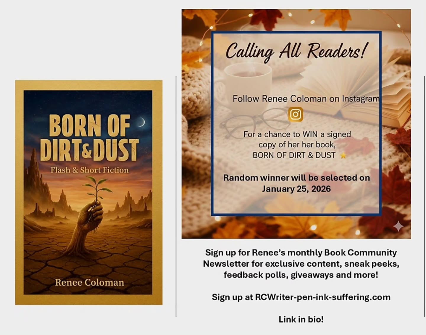 Let's connect!
Follow me / Follow you ... and let's share insights about the books we love and the stories we write ✍️ ❤️ 📚
Plus, I'll add your name for a chance to win a signed copy of my newest book, Born of Dirt & Dust 🙂
I'm at @13xthirteen
Make sure to sign up for our book community newsletter at ...
Rcwriter-pen-ink-suffering.com
... for exclusive content, sneak peeks, contests, and giveaways!
🌟🌟🌟🌟🌟
#booksbooksbooks
#writersimagination
#bookcommunity
#bookworm
#writerslife