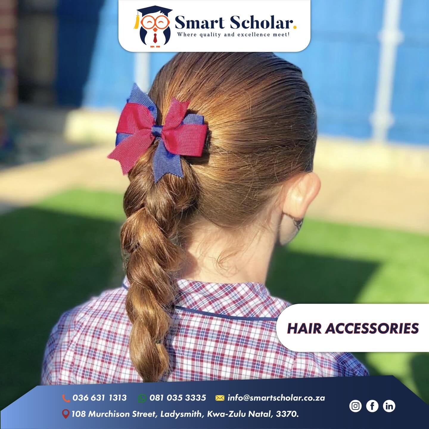 Complete the look with our school hair accessories for girls! 🎀🥳
Match your school colours and uniform for a polished and smart look that adds a touch of elegance to every school day! 👧
Perfect for dresses, check dresses, tunics, skirts and shirts all available in-store! 💫
👕✔️ Perfect fits
🎒✔️ Quality guaranteed
📚✔️ School-ready essentials
💳✔️ Flexible payment options
📍 Visit us at 108 Murchison Street, Ladysmith or WhatsApp us on 081 035 3335 to find out more!☺️
Smart Scholar, Your Trusted Schoolwear and Stationary Store! 🦉🎓🥇
.
.
.
#smartscholar #backtoschool #hair #schoolgirl #ladysmith