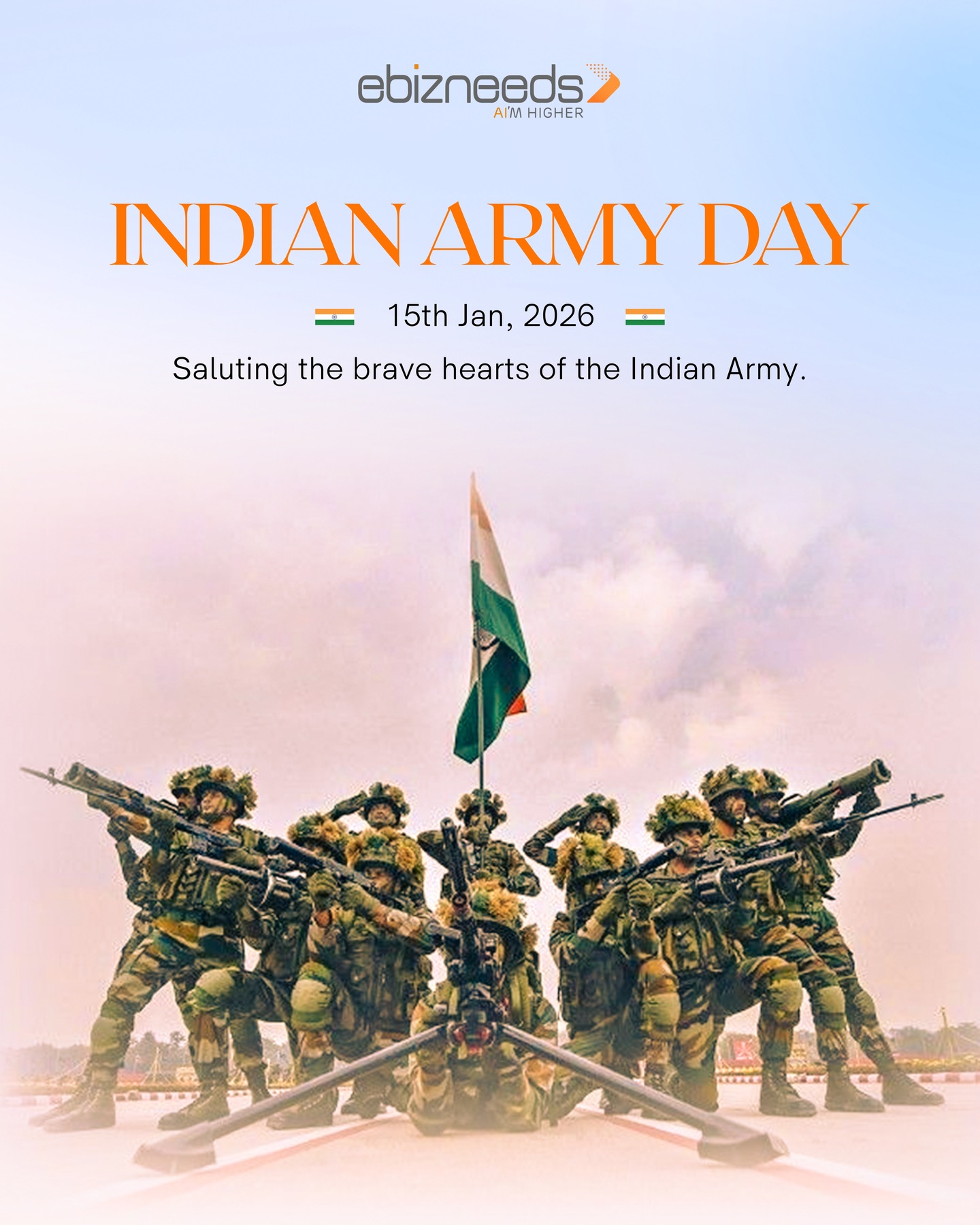 Saluting those who make stability and growth possible for every business. Happy Indian Army Day!
#IndianArmyDay #HeroesOfIndia #PrideOfTheNation #NationFirst #IndianSoldiers #ebizneeds