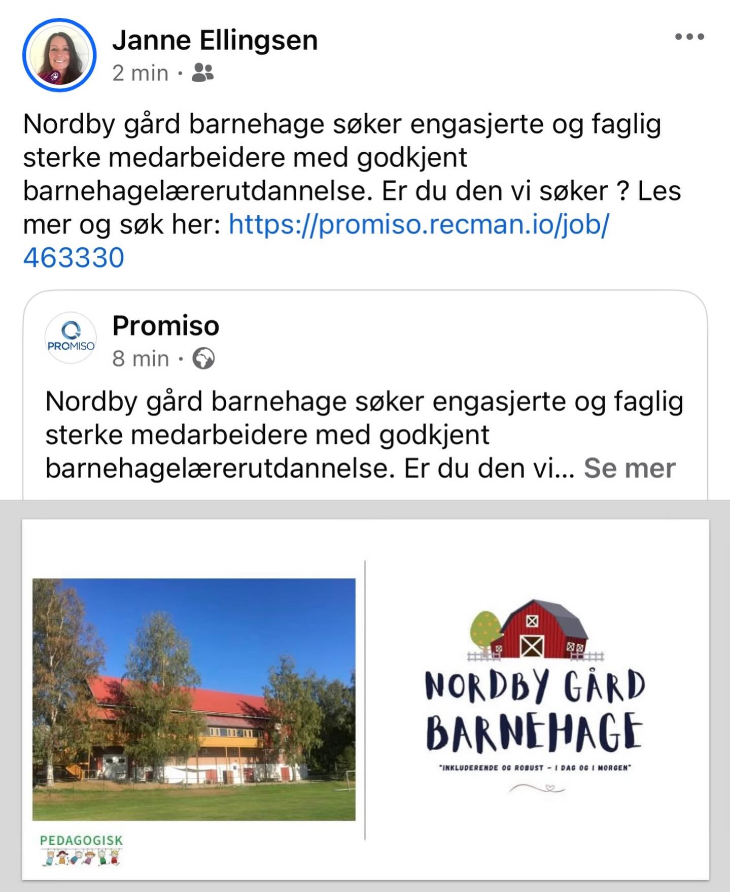 Nordby gård barnehage søker engasjerte og faglig sterke medarbeidere med godkjent barnehagelærerutdannelse. Er du den vi søker ? Les mer og søk her: https://promiso.recman.io/job/463330