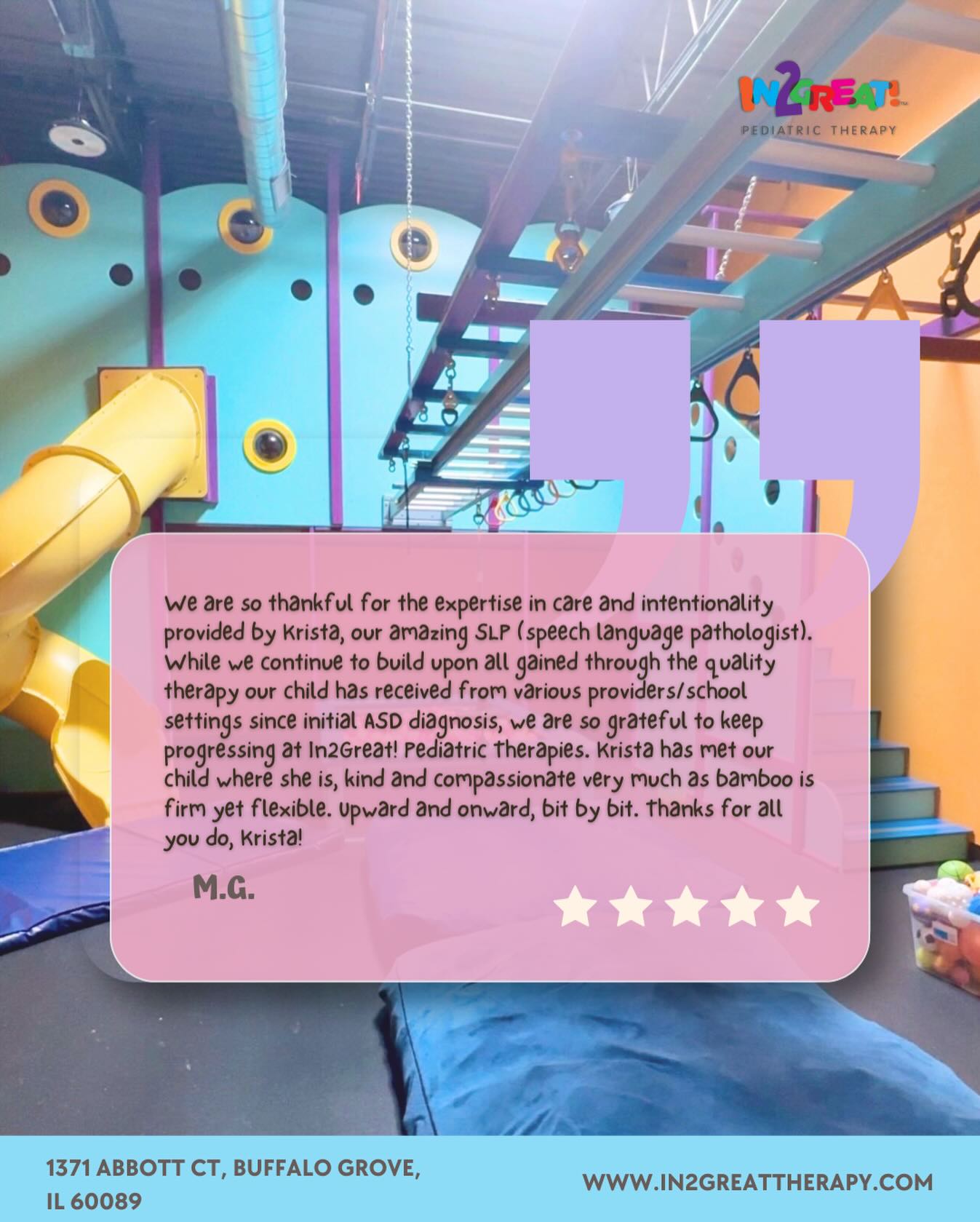 ⭐️⭐️⭐️⭐️⭐️
We’re so grateful for feedback like this and for the incredible care our therapists provide every day. A huge thank you to Krista for the compassion, flexibility, and dedication she brings to each session. 💙
If your family has had a positive experience at In2Great, we’d love for you to share it with us by leaving a Google review — it helps other families find the support they’re looking for.
👉🏼 Visit our Google page to share your experience
#in2greatpediatrictherapy #pediatrictherapy #positivereviews #googlereviews #clienttestimonial