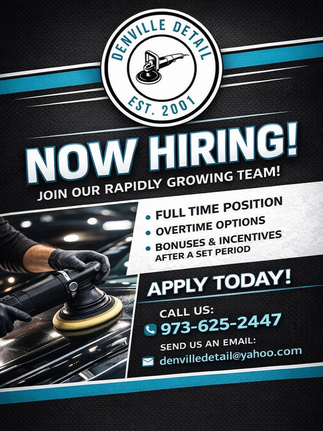 ‼️ Opportunity knocks and we are HIRING ‼️
-
We here at Denville Detail are truly building something amazing and WE NEED YOUR HELP!
-
We are looking for full time employeeS who are passionate, goal orientated and have attention to detail!
-
Become part of an amazing team with perks, laughs, and job security!
-
Oh, and we’re also offering a $100 finders fee when all checks out!
-
Cash/zelle/venmo - credit towards any detailing service!
-
#autodetail #denvilledetail #hiring