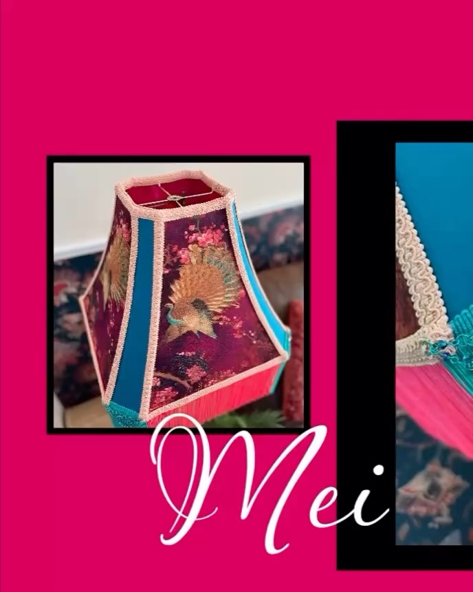 Name: Mei (Meaning: Gorgeous / Plum)
Colour: Turquoise / Fuchsia / Peach / Peacock
Lamp Frame: Empire rectangle / Cut Corner Square Bell
Lamp Style: Table / Standard
This design features hand made chainmail Swarovski beading, that adds a beautiful sparkle to each corner of this piece. A peacock design on this luxurious fabric, gives it a slight oriental look. Not to mention the gorgeous red glow it gives off at night, perfect for any romantic setting. #victorianlampshades #ritzy #orientalvibes #vibrent #moodlighting
