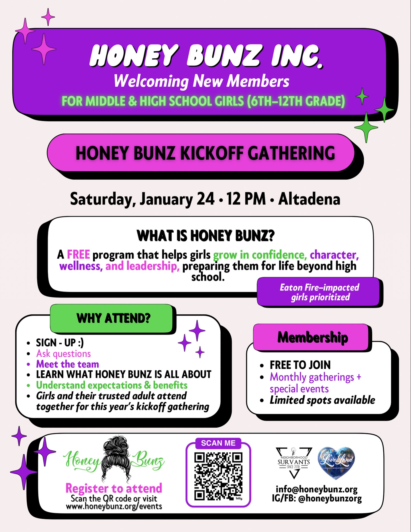 We’re officially kicking off the Honey Bunz year 💜✨
Our Kickoff Gathering is a chance for girls and their families to learn about the program, understand expectations, and connect in community as we welcome new members.
🗓 Saturday, January 24
⏰ 12:00–3:00 PM
📍 Eaton Fire Collaboratory - Altadena, CA
✨ Membership is FREE
📝 Sign-ups available on-site