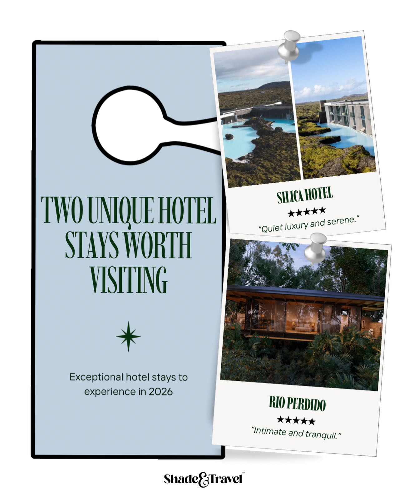 Sharing two standout hotel experiences we recommend for this year and beyond, each with the official Shade & Travel stamp of approval✨
📍Silica Hotel, Iceland:
A quiet luxury escape just outside Reykjavík, ideal for a short R&R stay. This intimate, thoughtfully designed property is set on its own private lagoon, reserved exclusively for hotel guests, offering a far more personal experience than the main Blue Lagoon.
📍Rio Perdido, Costa Rica:
A truly unique rainforest retreat tucked away from the crowds. This boutique luxury property blends modern, spacious bungalows with five-star-level service. The staff are some of the warmest we’ve encountered, and the food is entirely fresh, natural, and locally inspired—an experience that feels grounded yet indulgent.
Take our word for it. Thank us later. ✈️