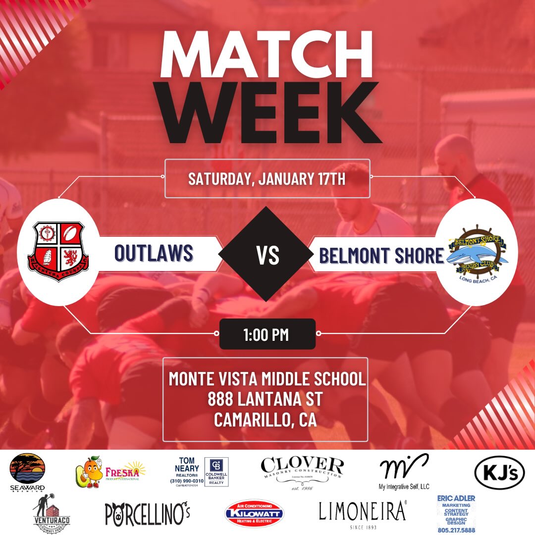 Home Opener. Big Test.
The Ventura County Outlaws return home for the 2026 home opener as we host Belmont Shore. These two went down to the wire last season, with the Outlaws edging out a hard-fought win — and we expect nothing less this time around.
Pack the sideline, bring the noise, and help defend our turf.
Join us for our post-match social at @seawardbrewing !
WE ARE!
🗓 Saturday, January 17th
⏰ 1:00 PM
📍 Monte Vista Middle School
📍 Camarillo, CA
🆚 Belmont Shore Rugby
🚫 Reminder: Dogs and alcohol are strictly prohibited on school grounds.