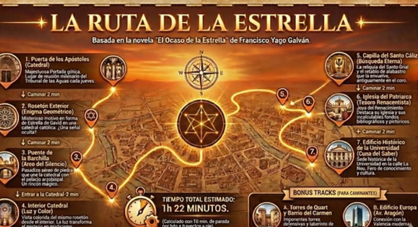 "LA RUTA DE LA ESTRELLA"
POR VALENCIA
LOS ESCENARIOS EN LOS QUE SE DESARROLLA LA NOVELA SON MUY REALES.
SI VIENES A VALENCIA PUEDES SEGUIR "LA RUTA DE LA ESTRELLA" PARA DISFRUTAR DE SUS LUGARES HISTÓRICOS Y CONTEMPORÁNEOS Y DESCUBRIR LOS PRINCIPALES PUNTOS EN LOS QUE SE DESARROLLA "EL OCASO DE LA ESTRELLA".
NO TE LA PIERDAS.
https://www.elocasodelaestrella.com/general-7
Visita www.elocasodelaestrella.com y entra en el apartado Ruta Turística