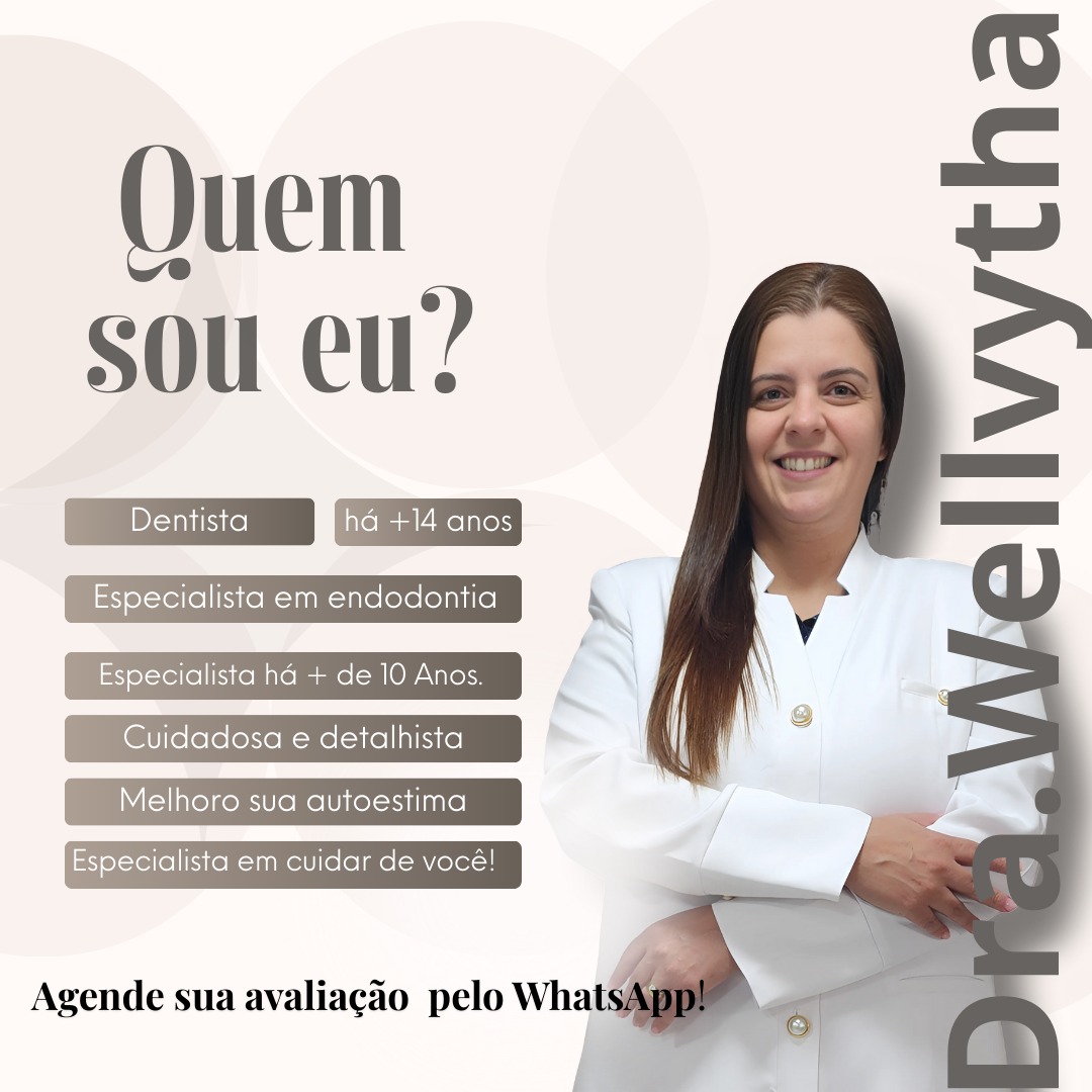 Muito prazer, eu sou a Dra. Wellvytha! ✨
Se você busca uma dentista que olha para você com cuidado, detalhismo e humanização, estamos no caminho certo.
Acredito que um tratamento odontológico vai muito além da cadeira do consultório. É sobre devolver segurança, melhorar a autoestima e garantir que você se sinta bem cuidado(a) em cada etapa.
Com mais de 14 anos de estrada na odontologia, minha missão continua a mesma: cuidar de você com a excelência de uma especialista e o carinho de quem ama o que faz. ❤️
👇 Você tem alguma dúvida sobre saúde bucal ou tratamentos de canal? Comente aqui ou me envie uma DM!
#Endodontia #OdontologiaHumanizada #SorrisoComConfiança"