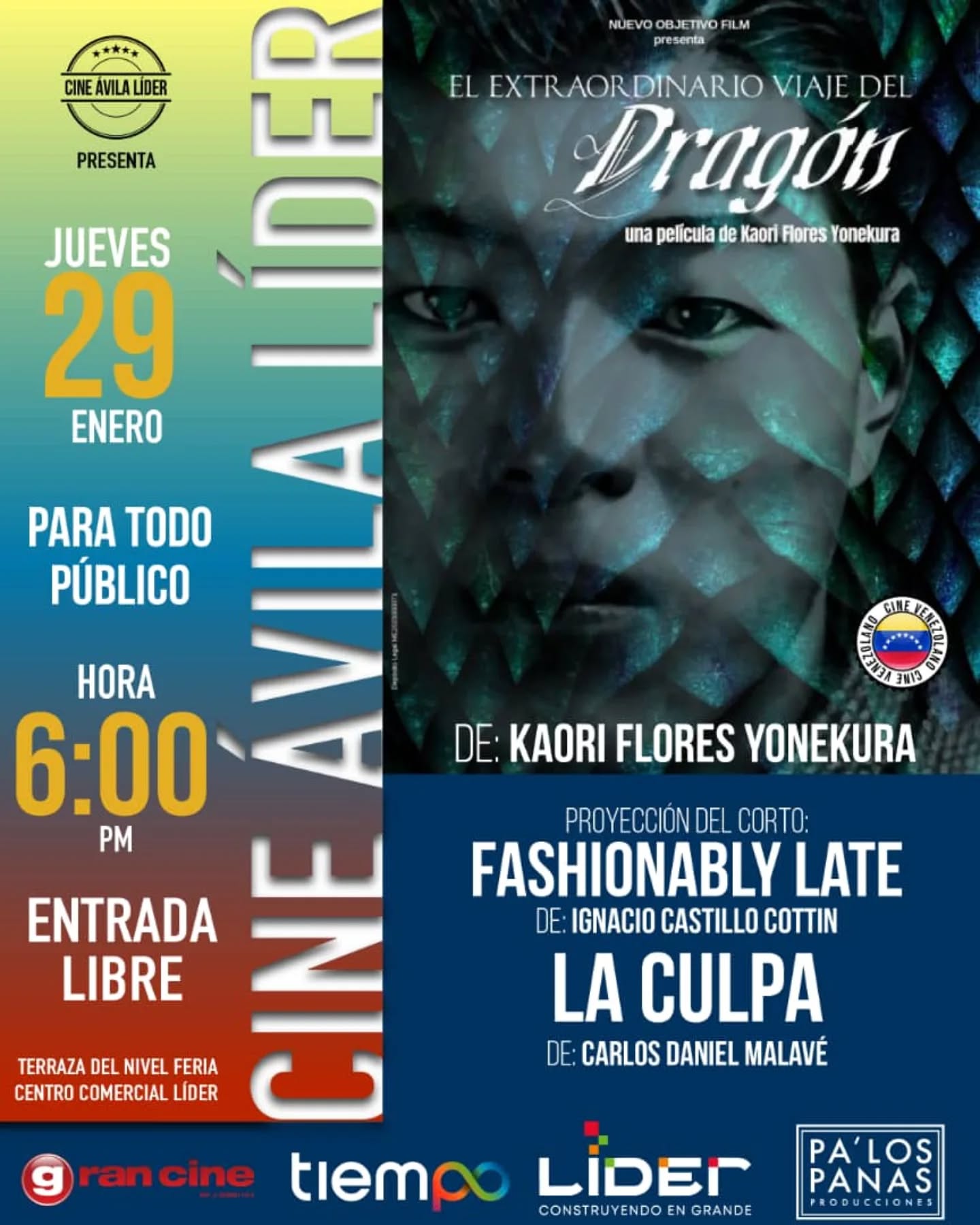 Cerramos la Celebración de los 129 años del Cine Venezolano de Tiempo en Líder. Gracias por la invitación, es un honor estar con ustedes.
--------
Tiempo en Lider del @cclider, @gran_cine y
@palospanas__
celebran el Día Nacional del Cine
Como parte de la celebración del Día Nacional del Cine (28 de enero), el programa cultural Tiempo en Líder se enorgullece en presentar el Mes del Cine Venezolano. Esta iniciativa tiene como propósito fundamental difundir la producción cinematográfica nacional más reciente, ofreciendo una vitrina para el talento local y el disfrute de la comunidad.
La programación de esta edición destaca por su frescura y calidad, centrada en producciones del año 2025.
El ciclo incluye 6 largometrajes estrenados el año pasado y 8 cortometrajes de realizadores. emergentes.
Las funciones serán parte de la programación de Cine Ávila Líder con el Gran Cine Móvil, iniciativa que cumple con mucho éxito dos años y medios de actividad incesante en:
☆ Terraza del Nivel Feria del Centro Comercial Líder
☆ 6:00 p.m
☆ Entrada libre
PROGRAMACIÓN DEL MES DEL CINE VENEZOLANO
♧Sábado 17/1/26
Cortometraje: Naomi (13’), de Karol Navarro
Largometraje: Mariposa de papel (2025), de Rafael Medina Adalfio
♧Jueves 22/1/26
Cortometraje: El fuego (12’32’’), de Michelle Mata Brewer
Largometraje: El hombre de la luz (2025), de Christian Márquez
♧Viernes 23/1/26
Cortometrajes: Nido Vacío de André Morillo y Santiguao de Oscar Reyes Matute
Largometraje: No Voltees de Alejandro Hidalgo
♧Sábado 24/1/26
Cortometraje: Todo por ella de Gerardo Gouverneur
Largometraje: Kueka, memoria ancestral
♧Miércoles 28/1/26
Cortometraje: La última cierra la puerta de Sophia Toledo
Largometraje: Un viaje de película(2025) de Carlos Daniel Alvarado
♧Jueves 29/1/26
Cortometrajes: Fashionbly Late (6’), de Ignacio Castillo Cottin y La culpa (9’), de Carlos Daniel Malavé
Largometraje: El extraordinario Viaje del Dragón (2025), de Kaori Flores Yonekura
Más información www.grancine.net y @Gran_Cine