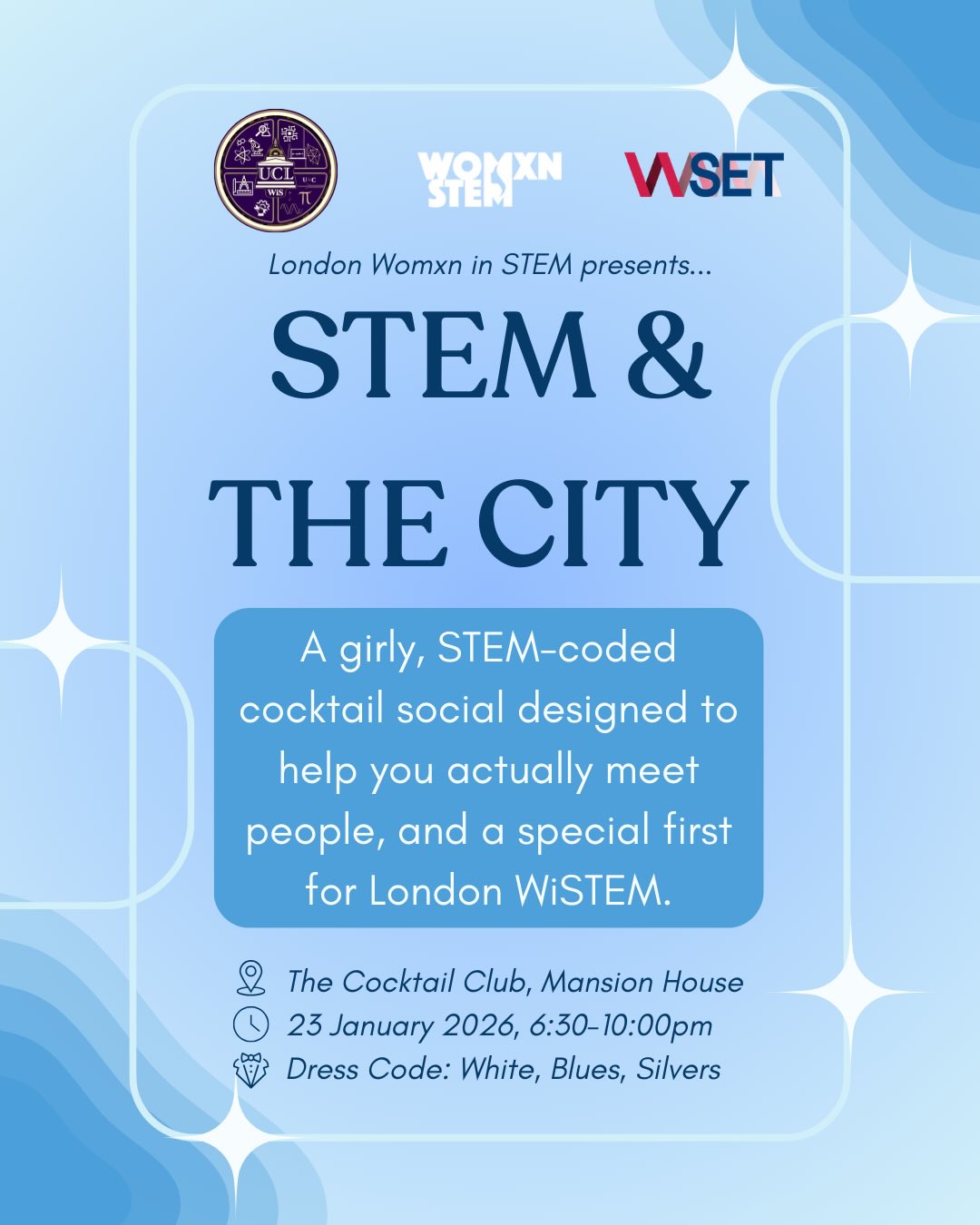 ✨ Post-Exam WiSTEM Cocktail Social✨
Celebrate the end of exam season with women in STEM from Imperial, UCL & KCL at our first-ever London WiSTEM collaboration.
Think cocktails, human bingo, and interactive games that make meeting people feel natural, the perfect way to unwind after exams.🍸
✨Details
📍Cocktail Club @ Mansion House
⏰Fri Jan 23rd, 6:30-10:00 PM
🪪Bring Gov IDs (18+) and Student IDs
👗Dress code: Frost & Fur ❄️🤍
🔗Sign up via our link in bio or scan the QR code
Note: No free drinks unless you win the pub quiz!