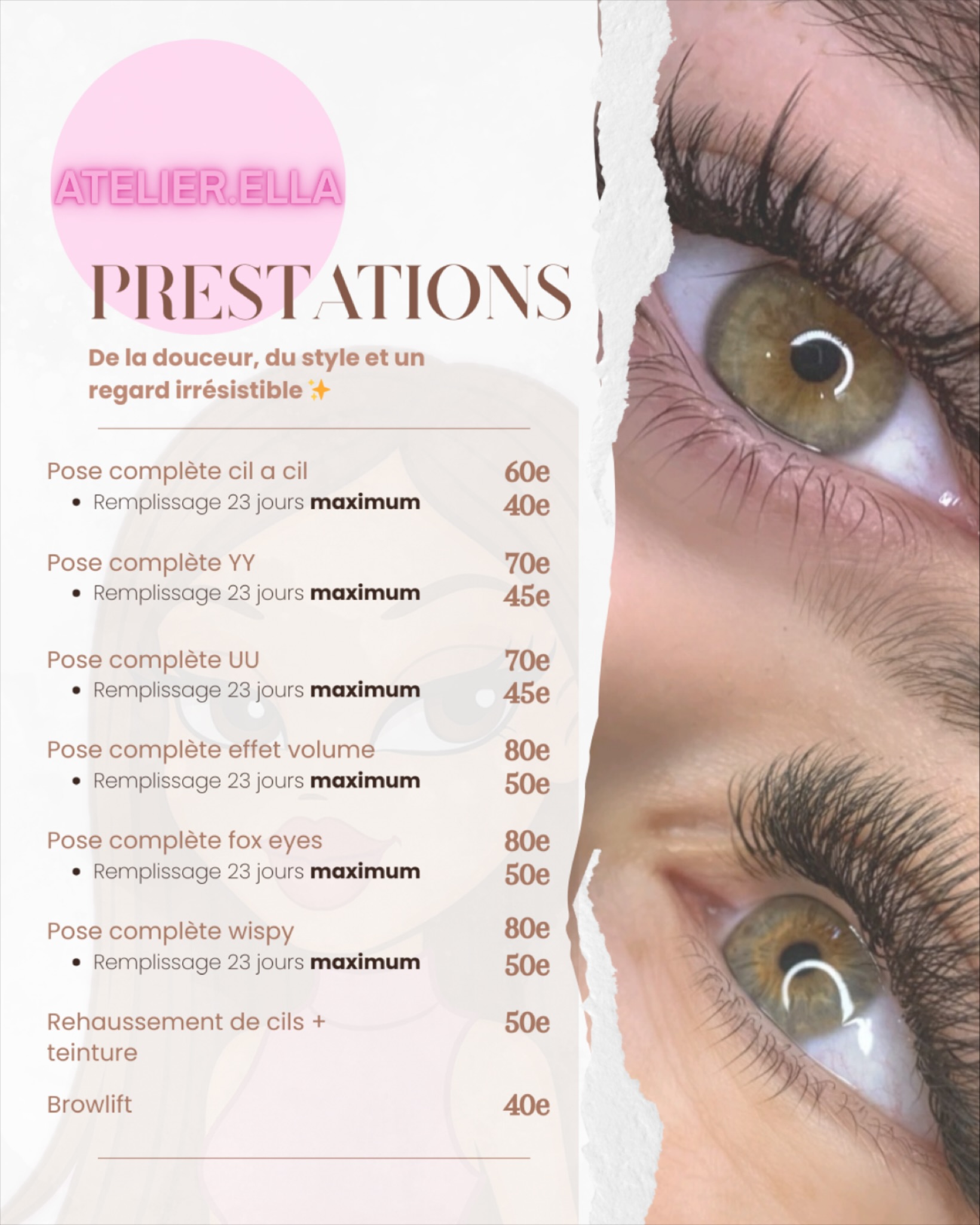 ⚠️ Mise à jour des prestations, pas de changement de tarifs ⚠️
✨Infos importantes à lire attentivement avant de prendre rdv ✨
Extensions de cils ⬇️
🔸 Au-delà de 23 jours après votre dernière prestation, le tarif d’une pose complète sera appliqué.
🔸 Remplissage à tarif réduit :
🩷 Une réduction de 5 € est appliquée si il est effectué dans les 14 jours MAXIMUM après votre dernière pose.
🔸 Dépose seule : 20 €
🔸 Dépose avec nouvelle pose : 10 €
Paiements acceptés : Espèces, carte bancaire (sans contact seulement), virement (PayPal, wero).
Merci pour votre compréhension 💕
📍Atelier Ella - Extensions et rehaussement
#bergerac #bergeracmaville
#extensionsdecilsbergerac
#rehaussementdecilsbergerac #beaute