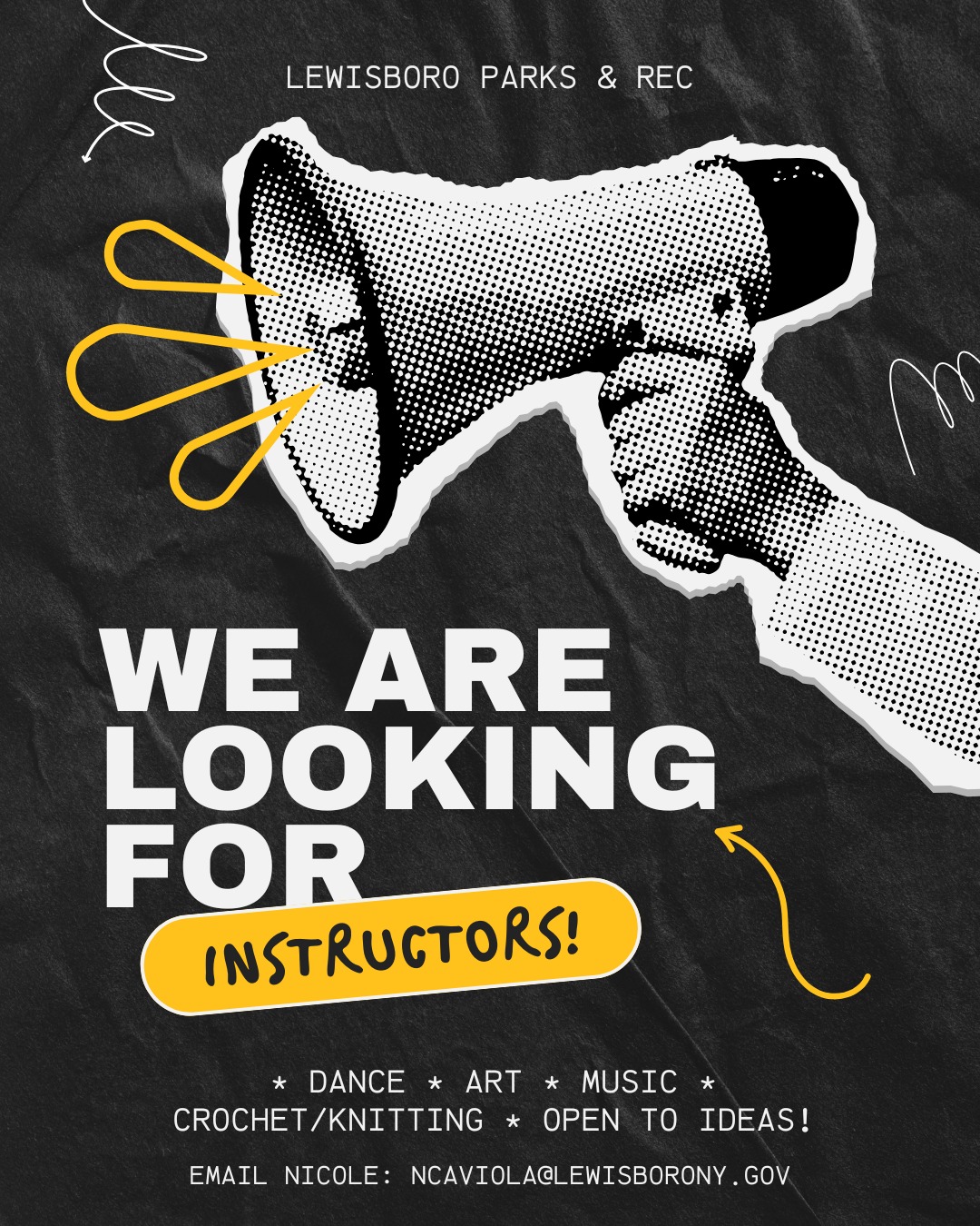 ๐ข Calling all instructors! We are looking for new instructors to join our team & add to our current offerings. Please contact Nicole Caviola with your interest: ncaviola@lewisborony.gov. We hope to hear from you soon!