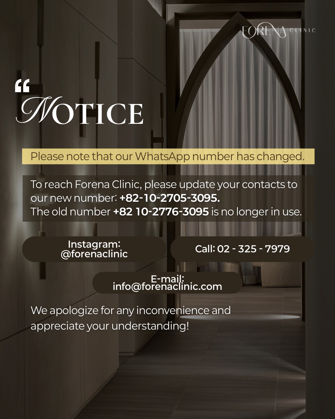 Please note that our WhatsApp number has changed. To reach Forena Clinic, please update your contacts to our new number:
✅ NEW WhatsApp: +82 10-2705-3095 (The old number +82 10-2776-3095 is no longer in use)
You can also contact us via: • Instagram: @forenaclinic
• Call: 02-325-7979
• E-mail: info@forenaclinic.com
We apologize for any inconvenience and appreciate your understanding!