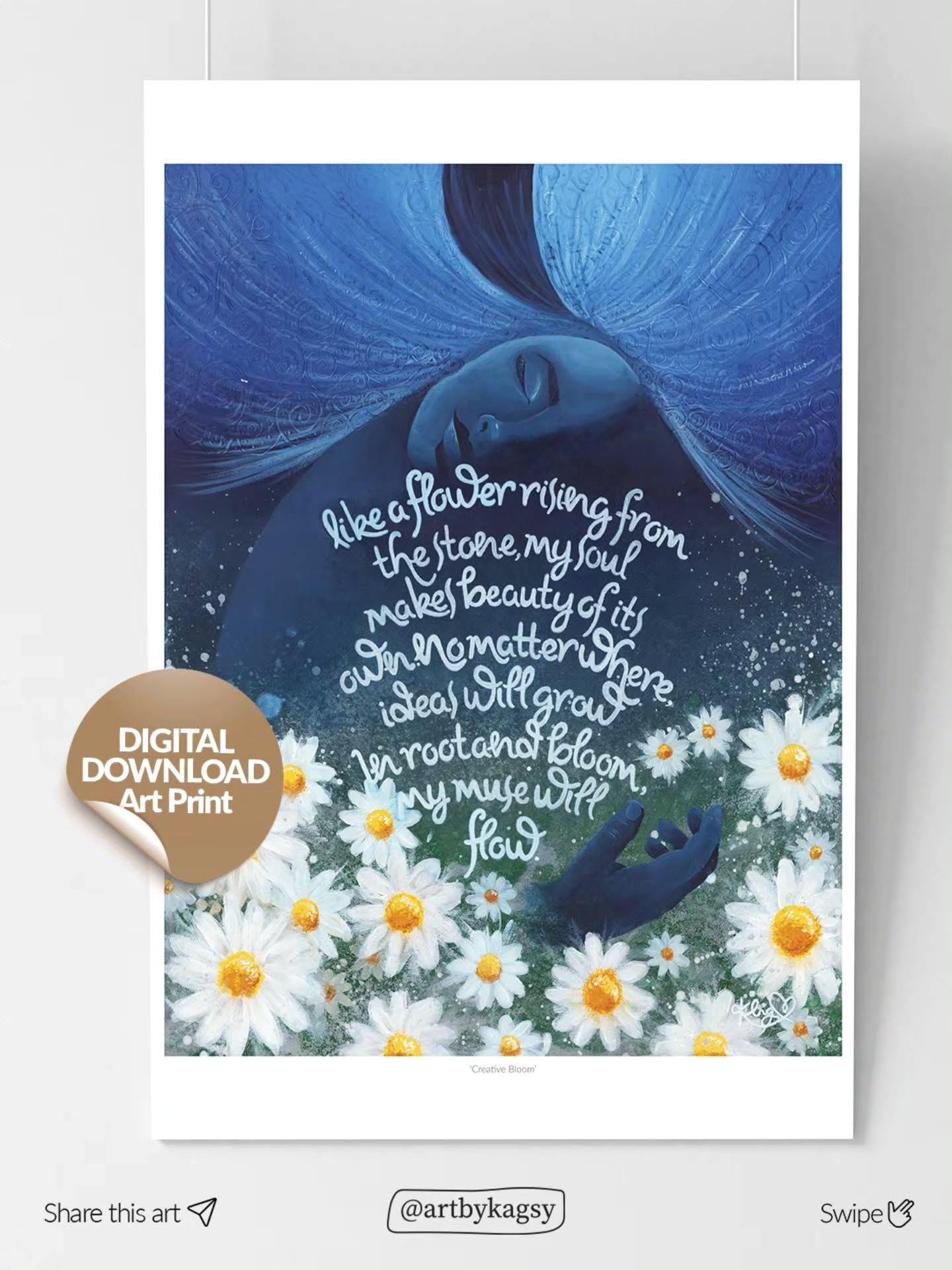 ‘Creative Bloom’ Digital Download.
You are the only thinker in your Universe, so words matter. They are spells, moulding and shaping the subconscious. My soul-led art is a visual embodiment of these words, used to envoke and support inner transformation. Each affirmation spell has its own energetic current which activates each piece of mystical art to serve as portal between ourselves and an infinite intelligence that guides us all.
Love and Light, Kagsy x
Original and Fine art prints also available in 3 sizes. Includes FREE shipping/delivery (prints only)
#spirtualart #flowerart #supportrealartists