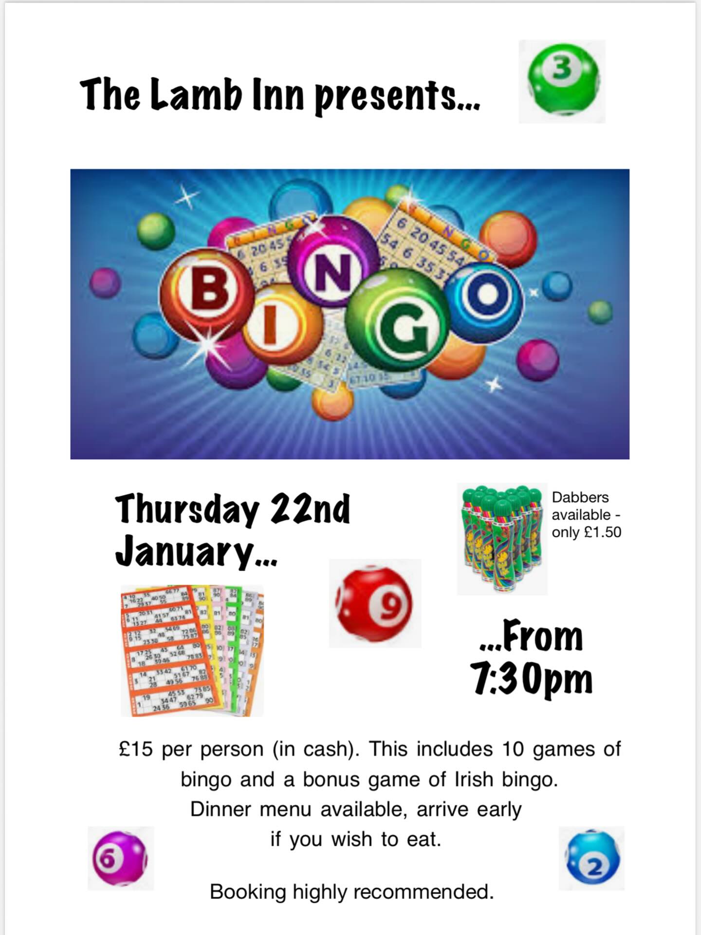 First Bingo night of the year! Call 01323720545 to reserve your table!