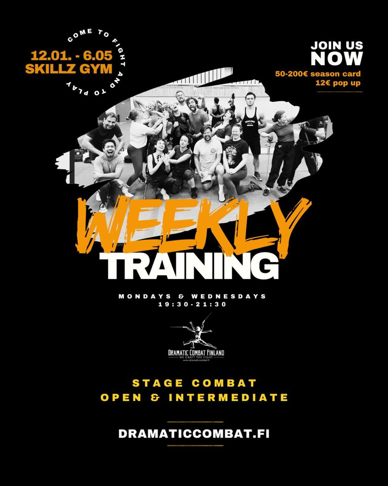 SPRING EDITION OF WEEKY TRAINING at Skillz Gym with our NSFS teachers in training continues! We continue to practice twice a week:
• Basic / Open | Wednesdays 14.1.-6.5.2026 19:30 - 21:30
These classes are open for everyone who wants to learn and experience stage combat in a safe and encouraging environment.
Topics and teachers: Quarterstaff by Juuso-Matias Maijanen, Sword and Shield by Jess Jones-Gauslå and Theatrical Martial Arts (TMA) by Anastasia Trizna
• Intermediate | Mondays 12.1.-4.5.2026 19:30 - 21:30
These classes are for those students, who have trained with us previously, are safe fighters, and are ready to move quickly in more advanced training styles, as well as for those, who have passed at least one test in the Nordic Stage Fight Society System.
Topics and teachers: Quarterstaff by Juuso-Matias Maijanen, Sword and Shield by Markus Järvenpää and Theatrical Martial Arts (TMA) by Arvo Ärlig
As an addition we have a few special classes throughout this spring with visiting teachers from our system and beyond!
Read more and register on our webpage!