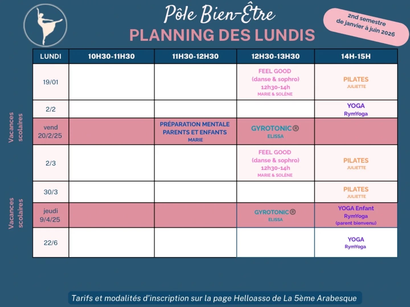 Nous sommes heureux de vous informer du nouveau planning des ateliers bien-être , des RDV pour PRENDRE SOIN DE VOUS !
📍à La Cinquième Arabesque
👨👩👧 Pour les danseurs, les parents, les grands-parents, tout public …
Sans limite d’âge – ouvert à toutes et tous !
Au programme de ce second trimestre :
🧘♀️ Yoga pour tous, et 🤱 Yoga maman-bébé, Yoga enfant
💪 Pilates
🌊 Gyrokinesis
🔬 Body Lab
💃 Atelier Feel Good (danse adaptée + sophrologie)
🌀 Sophrologie & préparation mentale parents-enfants
📅 Découvrez ci-dessous le planning du 2e et 3e trimestre!
Le prochain atelier aura lieu le 19 janvier :
✨ l’atelier Feel Good (danse adaptée et sophrologie) avec Solène et Marie de 12h30 à 14h
✨Pilates avec Juliette de 14h à 15h
👉🏻 Inscriptions en ligne sur notre page HelloAsso – La Cinquième Arabesque (lien en bio)
☝🏻Il est possible que d’autres ateliers s’ajoutent sur les dates déjà indiquées sur le planning, restez connectés ! 🤩
Nous avons hâte de vous retrouver pour partager ces moments uniques de mouvement, de respiration et de bien-être 💓.
Nous restons à votre disposition pour toute information complémentaire.
Dansons, et Respirons !
@marie_girard_inspiration_mg
@rymyoga
@apaso_sante @lesartisansdumouvement @juliettepilatesetcompagnie #eysinesmaville
#eysines #eysinesculture #BienÊtreEnMouvement #bienêtre #lacinquiemearabesque #ballettodanceshop #gyrokinesis® #bodylab #pilates #yoga #yogafrance #yogaenfants #danseadaptée #sophrologie #preparationmentale #bordeaux #bordeauxmaville #bordeauxmetropole #merignac #merignacmaville #Blanquefort #bruges #lebouscat #saintmedardenjalles #bassindarcachon #arcachon #audenge #audengemaville #danse