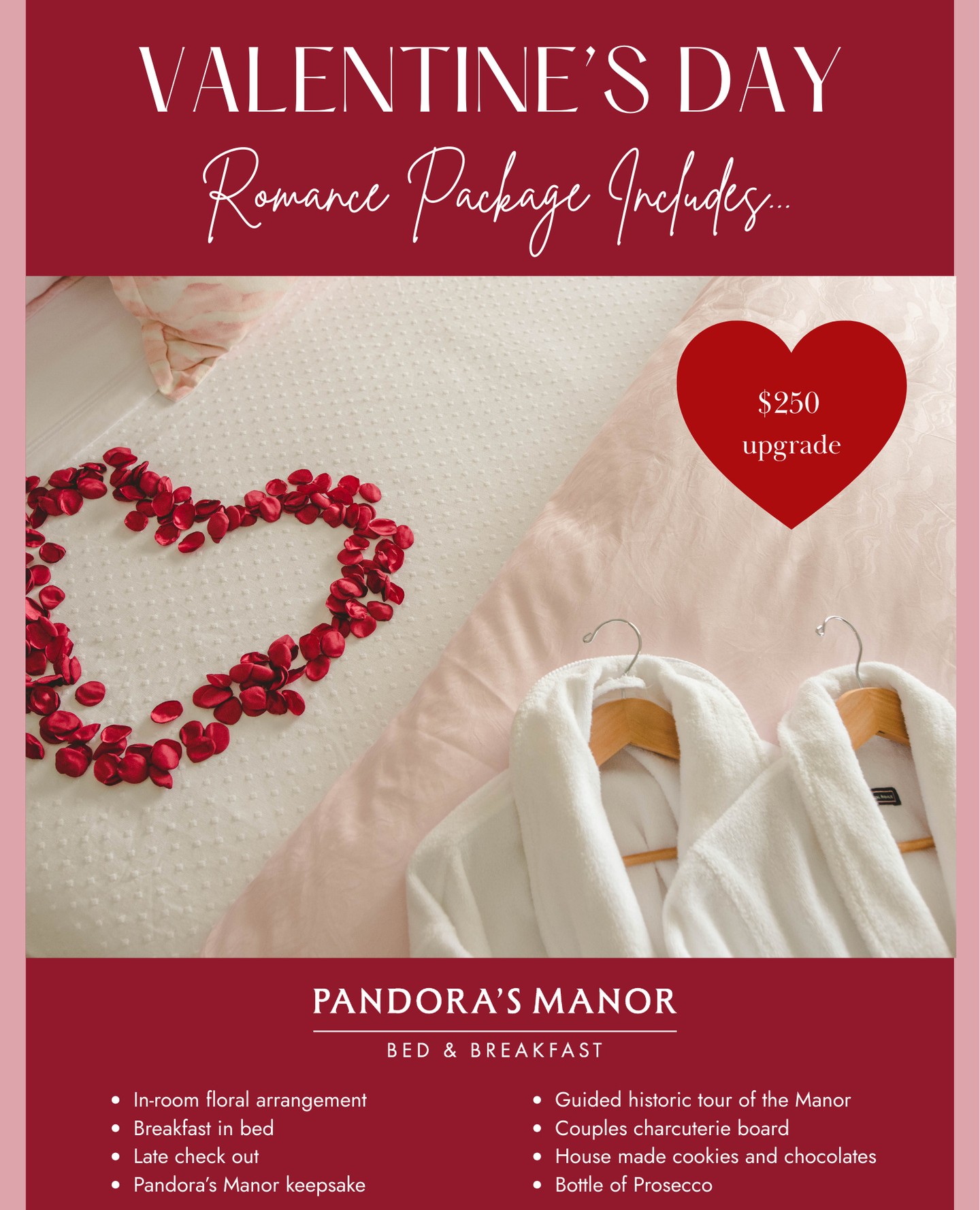 Calling all lovebirds! We have the perfect, romantic weekend for you at Pandora's Manor. ❤️🥂
Book a stay for Valentine's Day, and you will be treated to the following:
- Guided historic tour of the Manor
- House-made cookies and chocolates
- Chilled bottle of Prosecco
- In-room floral arrangement
- Breakfast in bed
- Late check out
- Pandora’s Manor keepsake
#valentinesday #couplesgetaway #visithp #visitnc