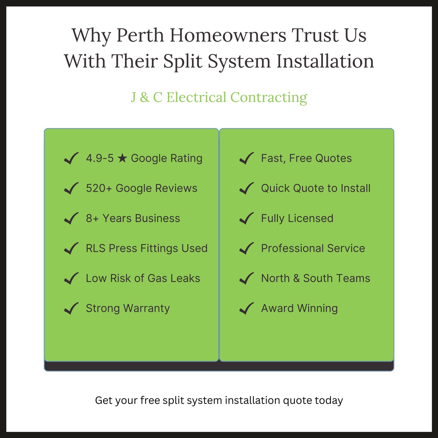 Don’t risk a rushed or poor air con install this summer.
Perth homeowners choose us for quality split system installations backed by 600+ 5-star reviews.
Licensed, experienced and award-recognised.
Get your free quote today.
#perthairconditioning #perthelectrical #perthelectrician