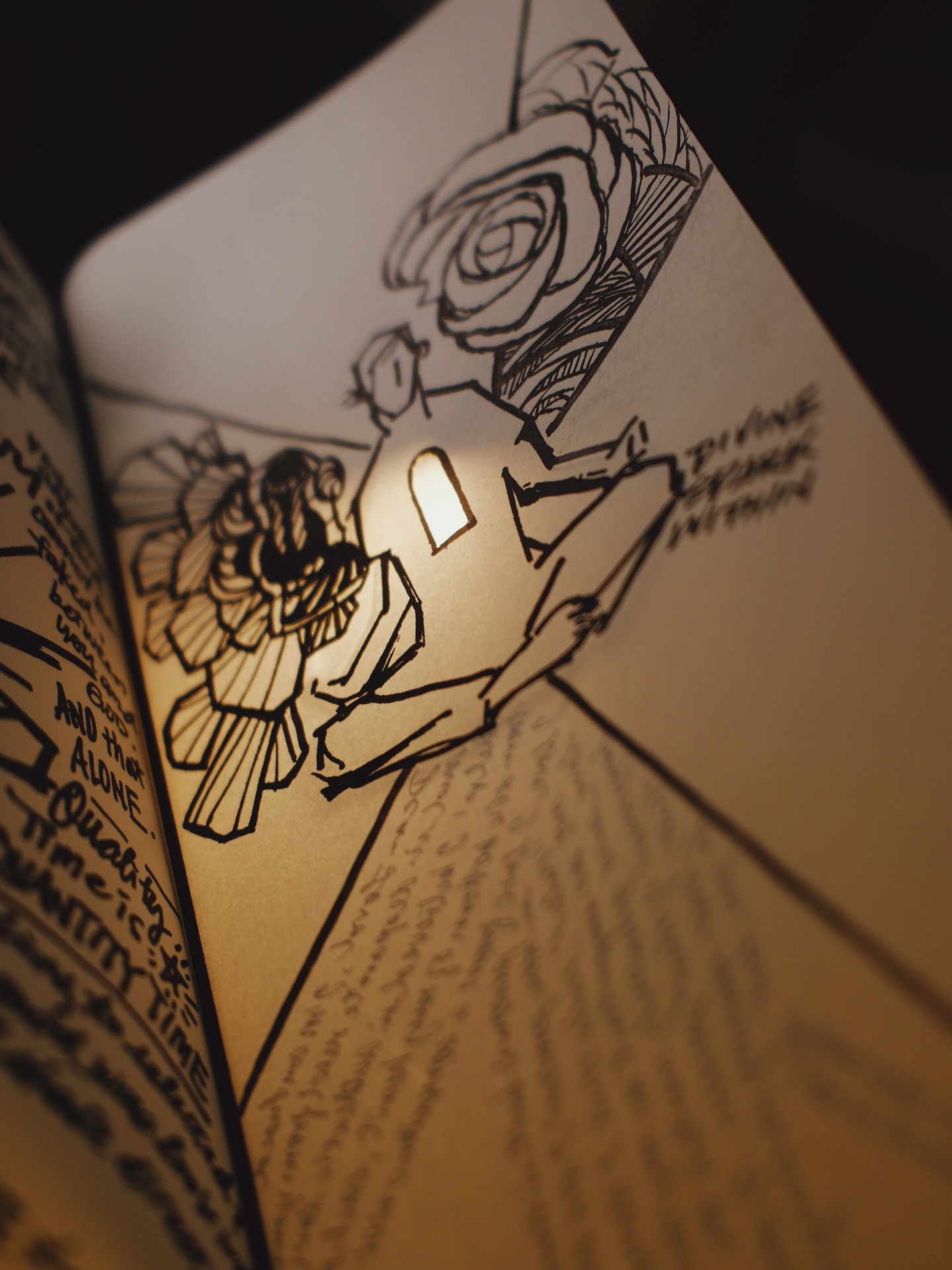 Drew this page thinking about the Divine Spark Within — that quiet light we all carry.
I used POSCA black ink — darker than any fountain pen, thick like a shadow, yet it refuses to bleed through the page.
I cut out a small door on the figure’s chest and placed wax paper behind it, hiding a note I wrote in a moment of confusion while talking to God.
You can’t see the words unless you shine light through the page. Then the hidden writing glows backwards — a reminder that sometimes, understanding only shows up through the darkness.
#posca #trctravelersnotebook #travelersnotebook #notebook #divinespark