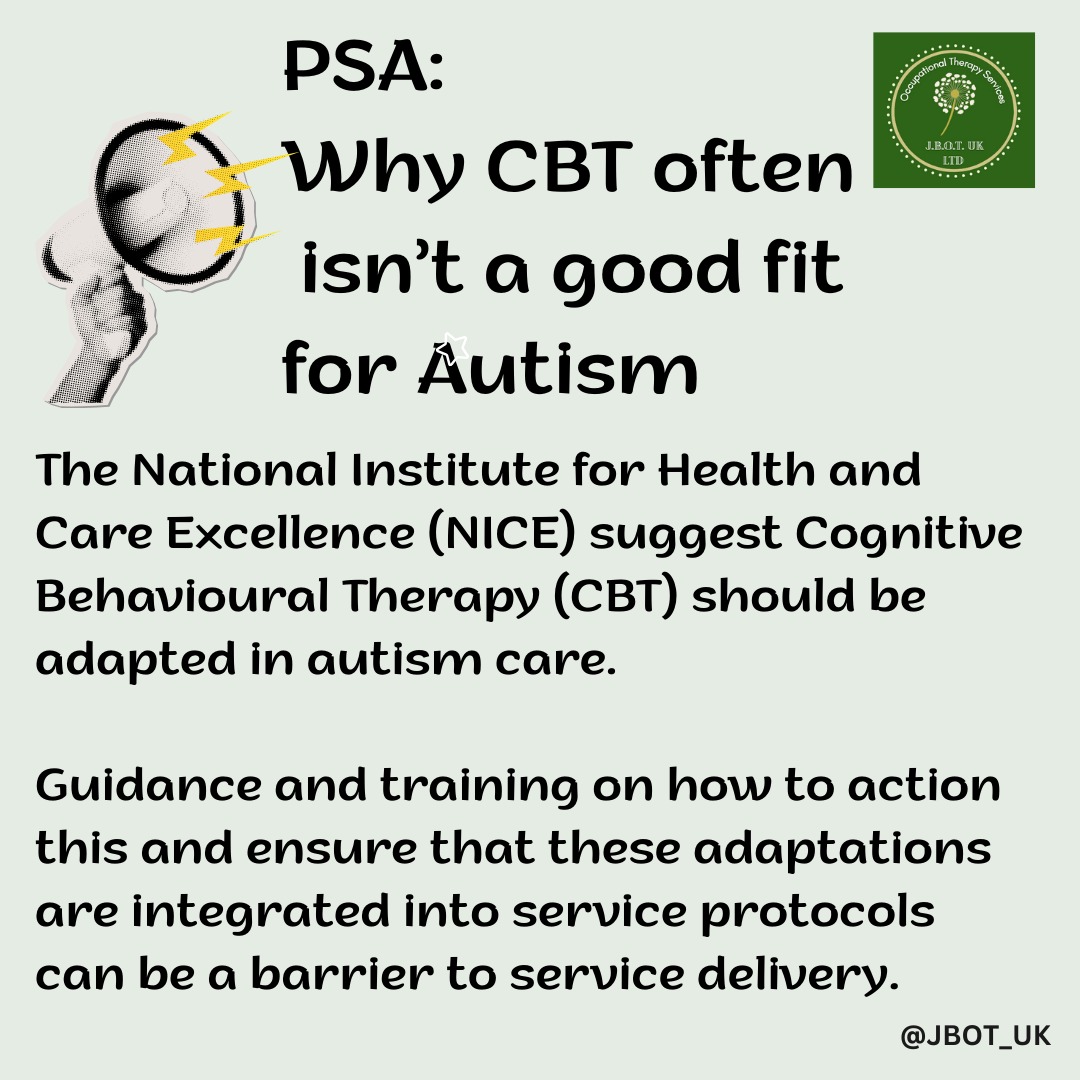 Okay, so firstly let me say this is my own opinion and not medical advice!
I wanted to share some thoughts on therapy today, as I hear so many autistic people tell me that CBT wasn't a good fit for them. I am sure it can be life-changing when adapated but what I hear is that it hasn't been. At times, it has felt fundamentally at odds with who they are.
Have a scroll through and tell me if CBT worked for you?
#MentalHealthAwareness #CBT #Autism #PSA #SmallBuiness #FYI #TherapistsOfInstagram #Neurodivergent #NHS #Training #Equality #Sensory #ACT #Interoception #Neuroaffirming #Contreversial #UnpopularOpinion