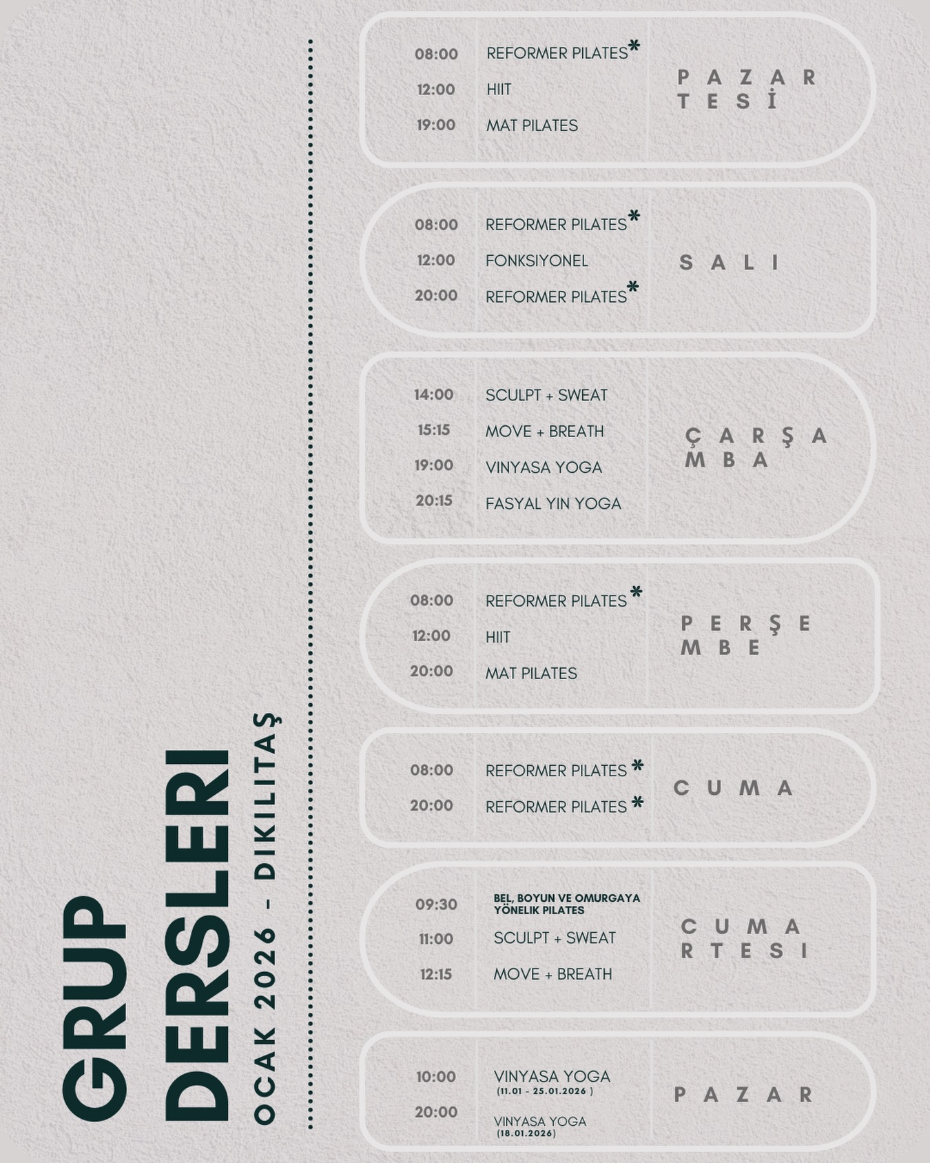 GRUP DERSLERİMİZ GÜNCELLENDİ
Bilgi ve rezervasyon için dm veya whatsapp 🌸