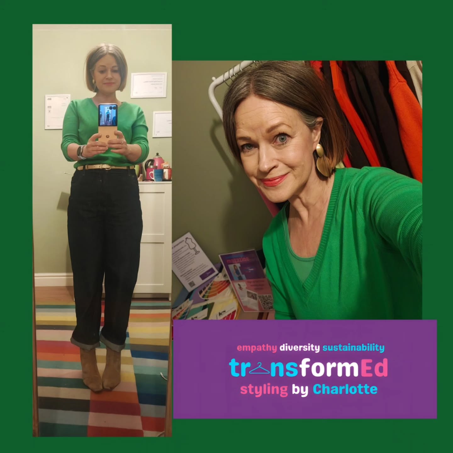 I have a friend who was told green wasn't her colour. Although olive might not be the best green on someone, or mint or pine, there will be a range of greens each of us can look fabulous and 'us' in. This warm, light, bright green is my favourite, suiting my skintone and my style personality.
💚
Jumper bought second hand from the @_kettlewell founder Melissa
Jeans in GOTS certified organic cotton @lucyandyak
Boots second hand
Coat old @joebrowns
💚
Personal Styling Hull
Colour Analysis Hull
Sustainable Styling