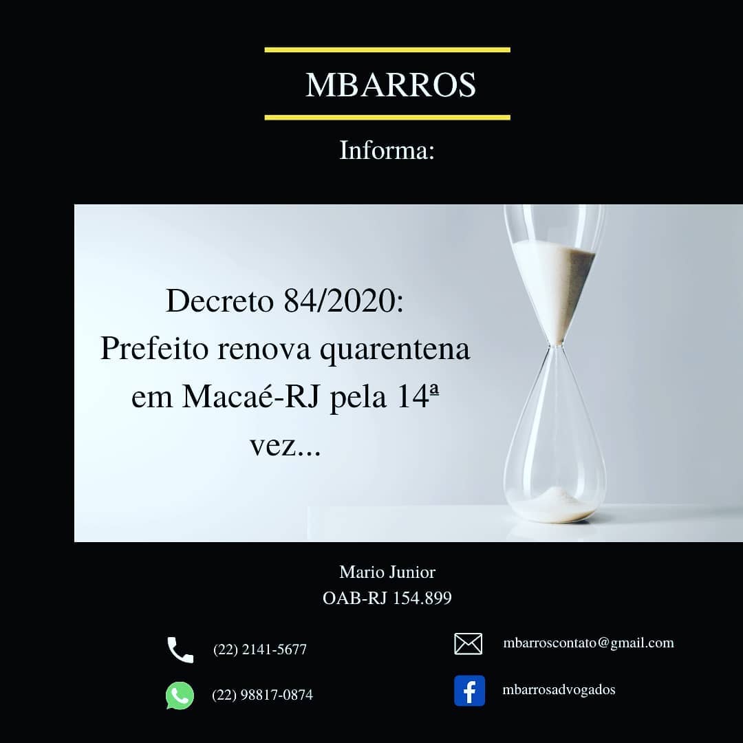 Decreto prorroga (pela 14ª vez) quarentena em Macaé-RJ por mais 07 dias, a contar de 15/06/2020.
Foi publicado na última 6ª feira (12/06/2020) o Decreto nº 84/2020 prorrogando por mais 07 (sete) dias, a contar do dia 15/06/2020, a suspensão de todas as atividades laborais no Município de Macaé/RJ, no âmbito público e privado.
Com este novo Decreto, está liberado comércio de autopeças, motopeças e de lojas e oficinas de bicicletas, no horário compreendido entre 10h e às 16h,
sendo que somente retornarão às atividades os sócios, proprietários, funcionários e colaboradores do estabelecimento submetidos aos testes para Covid-19 cujo resultado seja não reagente.
Ao que tudo indica, o Prefeito está liberando gradualmente as atividades de forma similar ao Plano divulgado informalmente pela mídia local, porém de forma mais lenta.
Além de não agir com transparência (não há critérios ou razões divulgadas para liberar uma atividade e impedir outras de funcionarem com os devidos cuidados), a falta de previsão/organização após quase 03 meses de quarentena impede que os empresários possam planejar, por exemplo, para saber se conseguem manter ou não seus gastos, funcionários, etc.
O município também segue sem divulgar oficialmente a taxa de ocupação dos leitos UTI (só divulgou no Informe do dia 27/05/2020), e não responde à população quando questionado sobre aquisição de novos leitos, o que seria o motivo ("gargalo") para pôr em prática o plano de liberação gradual do comércio... Apesar disso, parece que o referido decreto não será alvo de repúdio dos vereadores, autoridades, MP, todos com a remuneração garantida, nem de parte da sociedade que sofre influenciada pelo extremo pavor incutivo pela mídia.
#transparência
#planejamento
