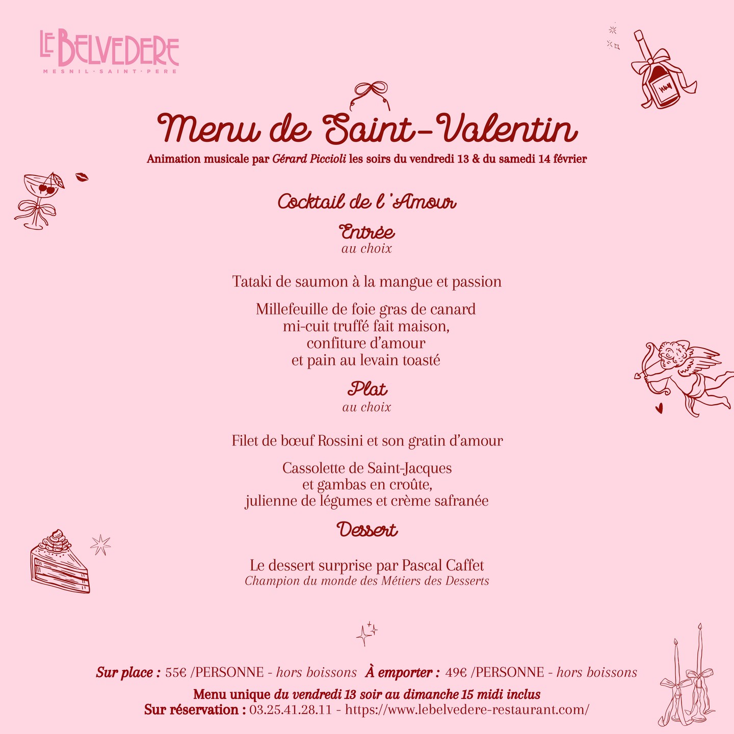 Vivez l'Amour avec un grand A au Belvédère 💝
Les 13, 14 et 15 février 2026, le Belvédère vous accueille pour un dîner romantique face au lac, dans une atmosphère douce et intimiste ✨
Les vendredi 13 et samedi 14 février au soir, profitez d’un dîner en musique avec Gérard Piccioli, qui viendra accompagner votre soirée des plus belles chansons d’Amour
💖 Menu unique, sur place ou à emporter, du vendredi 13 soir au dimanche 15 février midi :
Sur place - 55 € / personne (hors boissons)
À emporter - 49 € / personne (hors boissons)
Retrait des commandes les 13, 14 et 15 février, de 9h à 11h et de 14h à 17h.
👉 Plus d'informations et réservation en bio
Nous avons hâte de vous recevoir pour ces jolis moments 💙