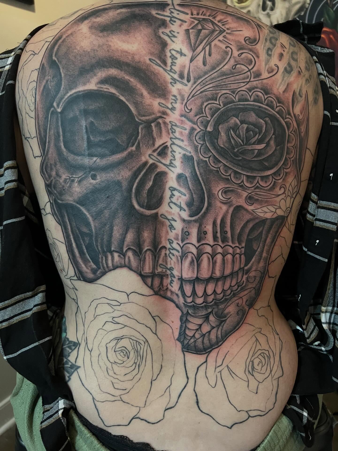 Tattooed my wife again today.. she did great like always 7+ hour session… work in progress much more to come.. #tattoo #skulltattoos #backtattoos #tattooartist
