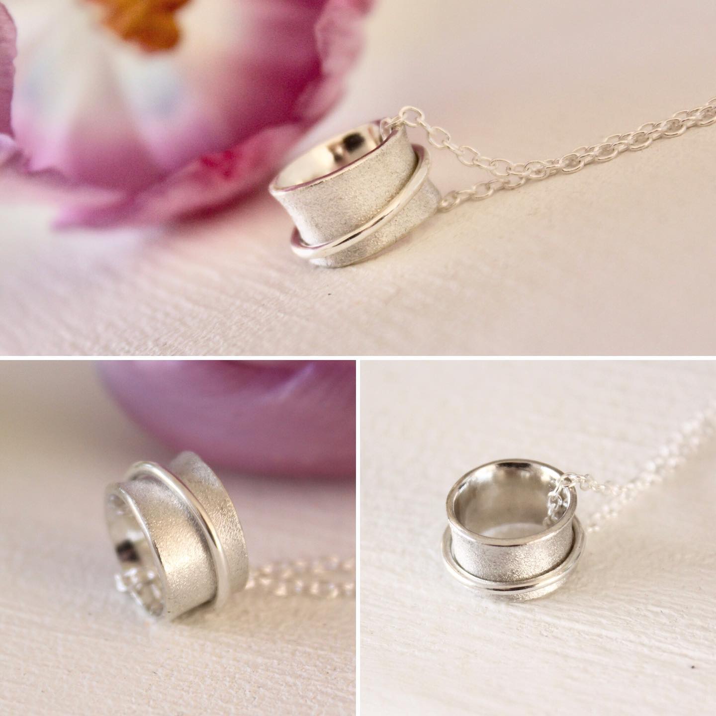 Pretty little sterling silver fidget-spinner pendants with a sparkly frosted finish ! #alicesilverdesigns #edelsmiddordrecht #handgemaaktesieraden #sieradenontwerp #handmadesilverpendants #silverspinnerpendant #edelsmeden