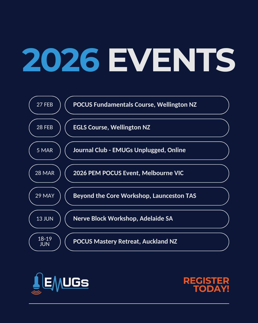 Planning your year?
Our 2026 EMUGs events calendar is live, with courses, workshops, retreats, online learning, and SONIC 2026 across Australia, New Zealand, and online.
From fundamentals to advanced practice, there’s something for every stage of learning.
Save the dates and join us throughout 2026 🤝