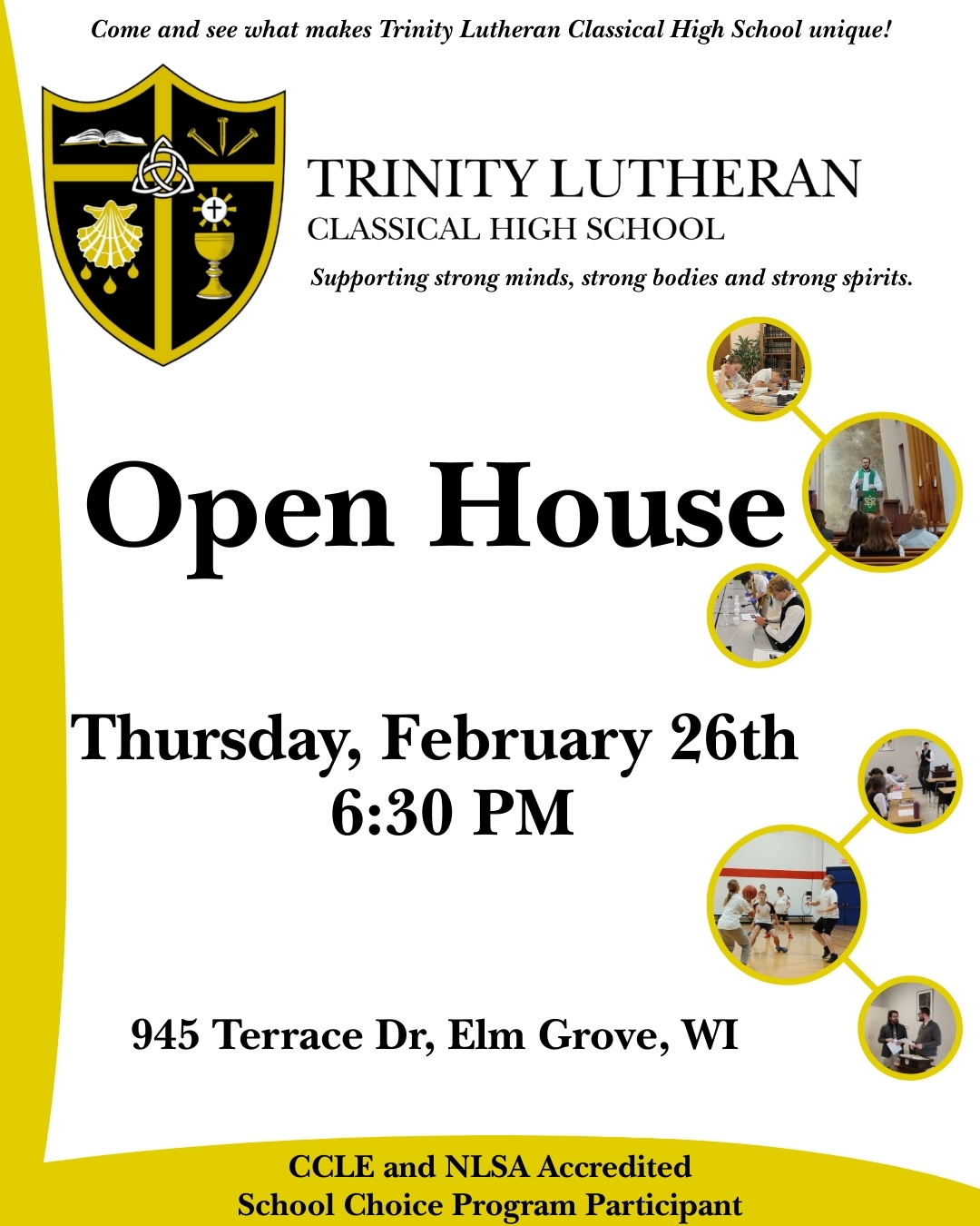 Open House at Trinity!
Faith. Classical education. Purpose.
🗓️Thursday, February 26th
⏰ [6:30pm
👉 Register online so we know you’re coming at https://www.trinitylutheranclassical.org/open-house