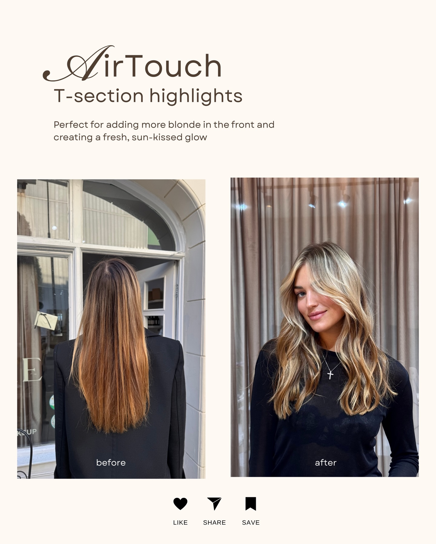 AirTouch has become one of the most famous colouring techniques, and for a reason ✨
It creates a seamless, natural blonde that looks soft, sun-kissed, and effortlessly beautiful.
Prices start from £150.
Book your appointment for the perfect blonde 🤍