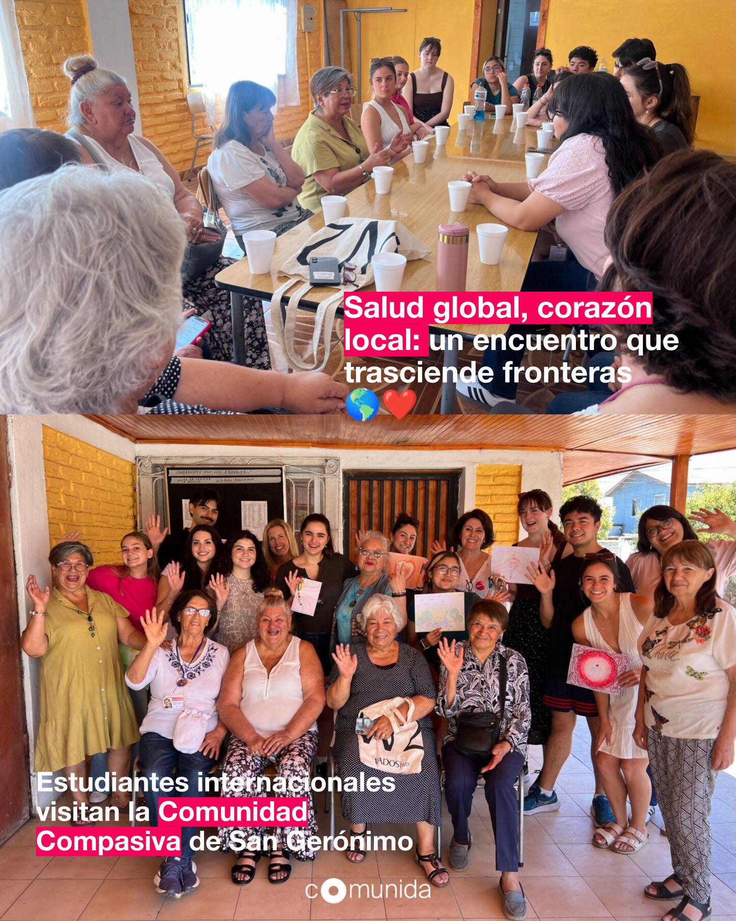 Salud Pública con Alma 🌎✨
¿Cómo se ve la salud pública en el mundo real? A veces, se ve como un círculo de mujeres valientes compartiendo sus historias bajo el sol de San Gerónimo.
Tuvimos el honor de recibir a los estudiantes internacionales de la Escuela de verano "Health Challenges for Nurses in the Global South", una iniciativa co-desarrollada junto a las Escuelas de Enfermería de la Pontificia Universidad Católica de Chile y Boston College.
Fue una jornada de aprendizaje bidireccional: Las cuidadoras y voluntarias de nuestra Comunidad Compasiva fueron las maestras, relatando sus desafíos y triunfos en el sistema de salud chileno. A través de la arteterapia y la dinámica del "Amigo Compasivo", estudiantes y vecinas borraron las fronteras para conectar desde lo más humano.
Este intercambio no solo enriquece la formación de los estudiantes, sino que dignifica y visibiliza la labor invisible de quienes cuidan en nuestras comunidades. En Comunida, creemos que la salud es, ante todo, un vínculo.
¡Gracias a todos los que hicieron posible este puente intercultural!
@enfermeriauc @bc_cson
🤝💖
¡Gracias a todos los que hicieron posible este puente intercultural!